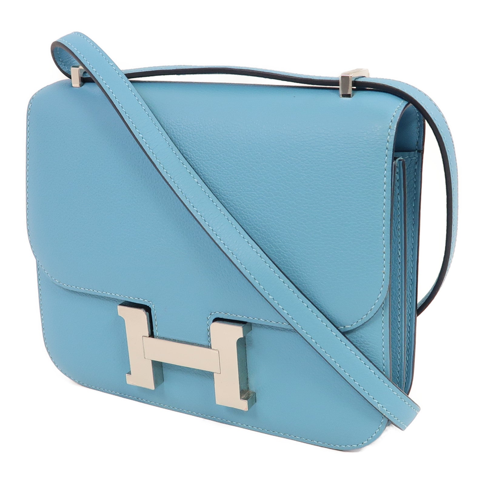 HERMES 【激減優惠】Evercolor皮革Constance Mini銀扣肩背袋藍色