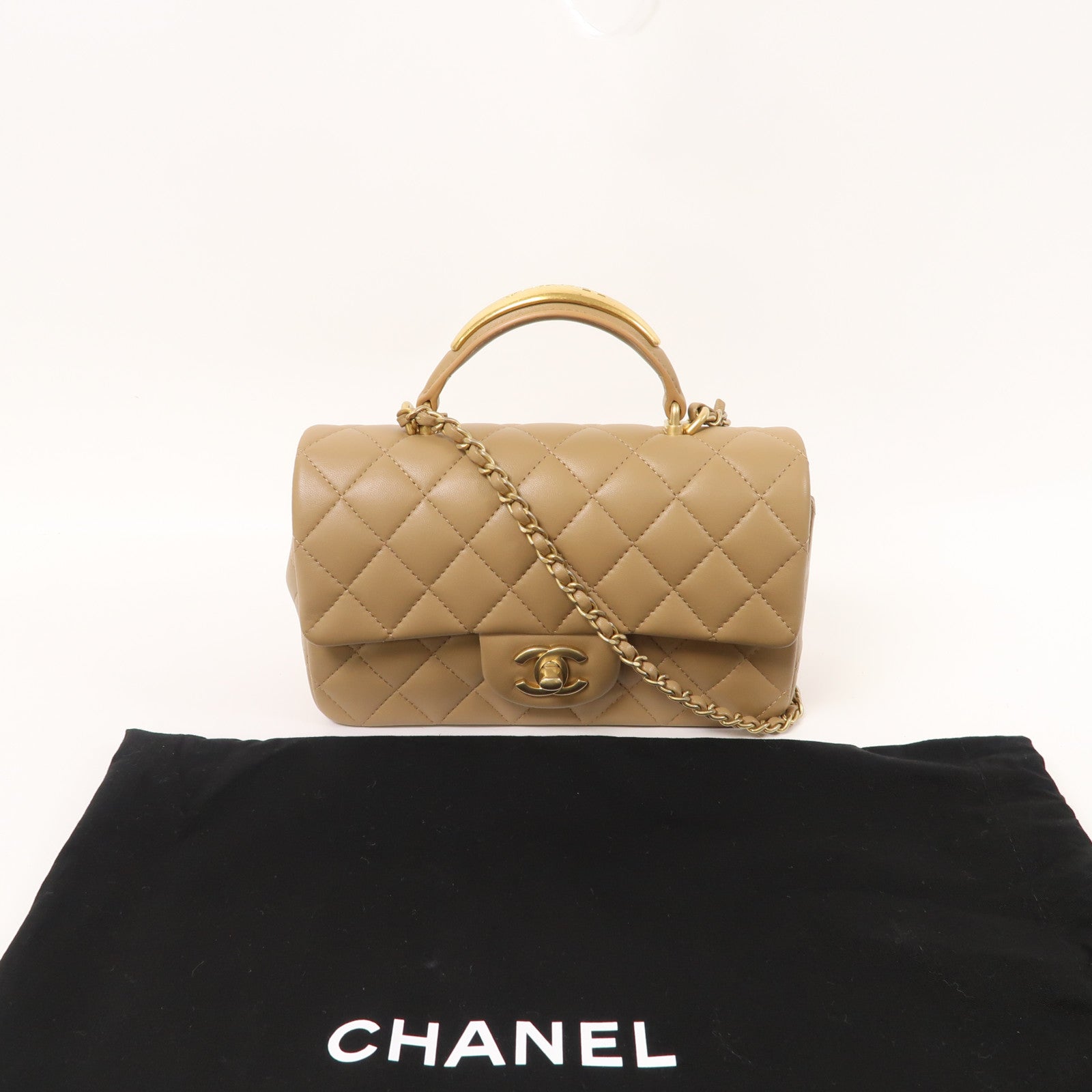CHANEL 菱格羊皮皮革Chain Shoulder金扣手挽肩背兩用袋裸色