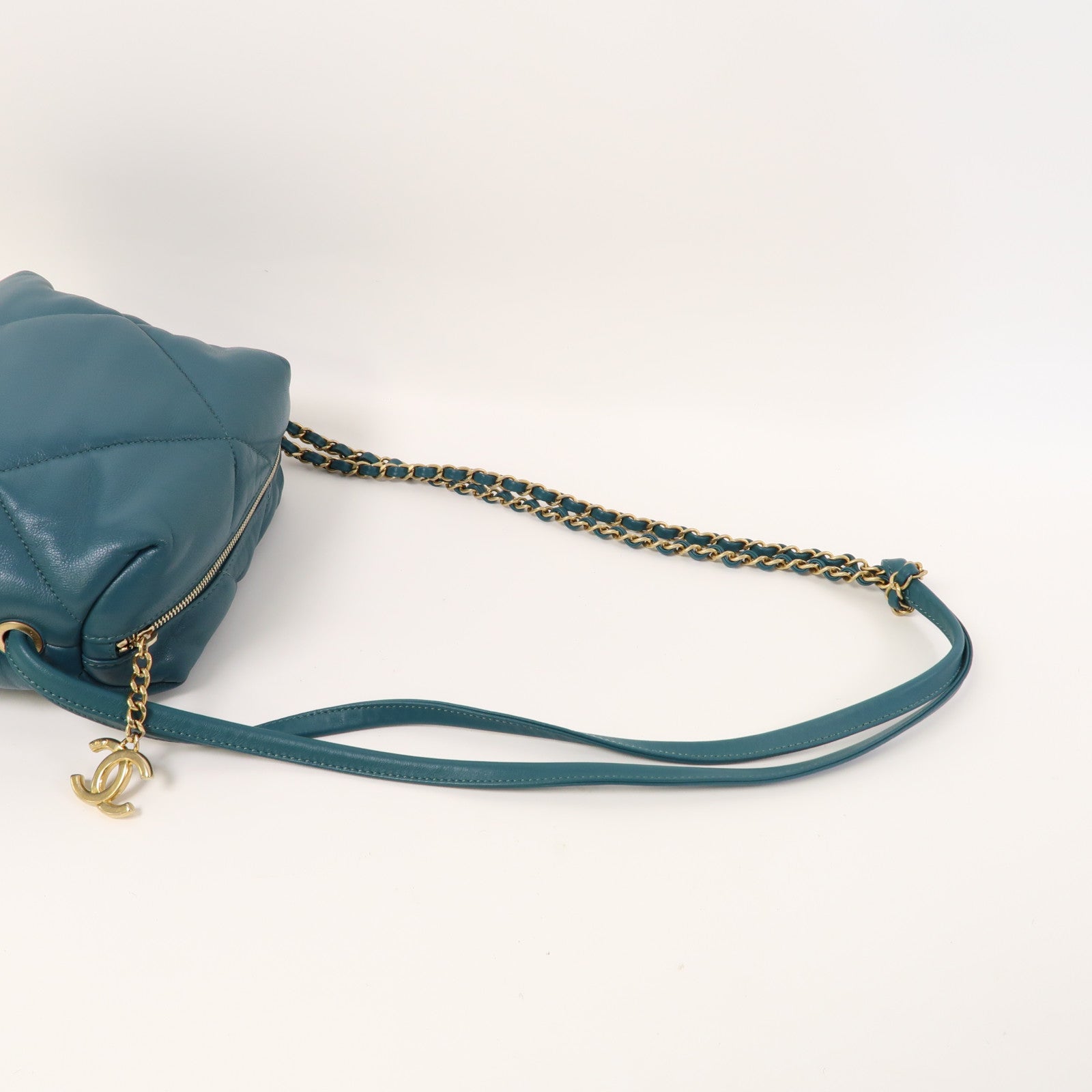 CHANEL 【激減優惠】菱格羊皮皮革Shoulder Bag金扣鏈帶肩背袋藍綠色
