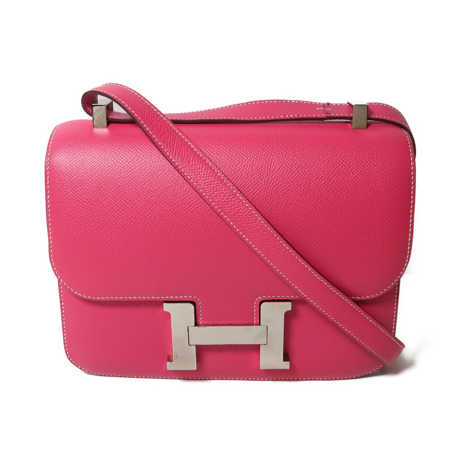 HERMES Epsom皮革Constance 24銀扣肩背袋Rose Tyrien粉紅色