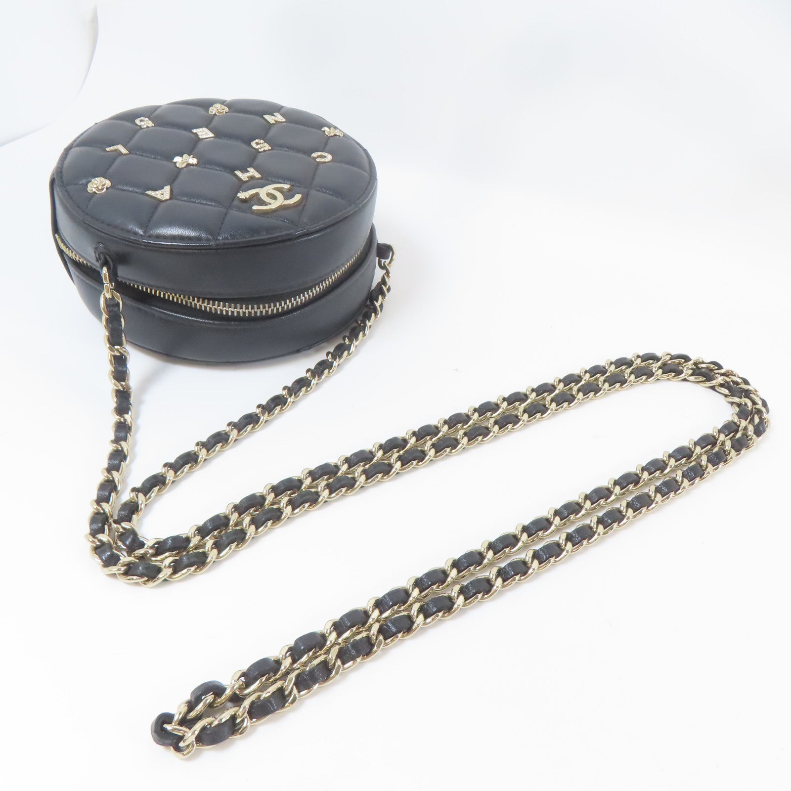 CHANEL 菱格羊皮皮革Chain Shoulder Bag金扣鏈帶肩背袋黑色