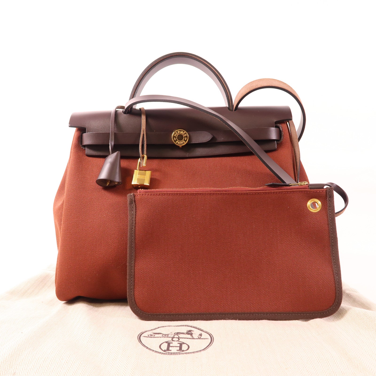 HERMES 帆布Herbag PM金扣手挽肩背兩用袋Rouge H紅色