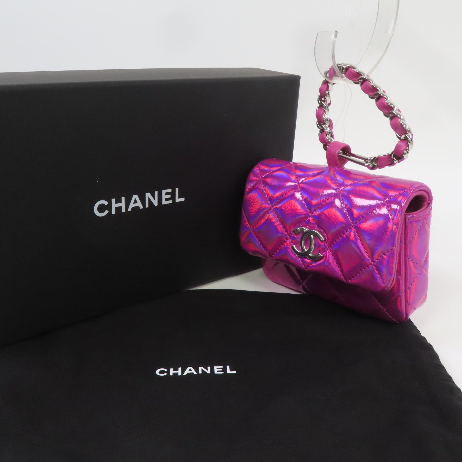 CHANEL 漆皮皮革Chain Handbag銀扣手挽袋虹彩粉紅色