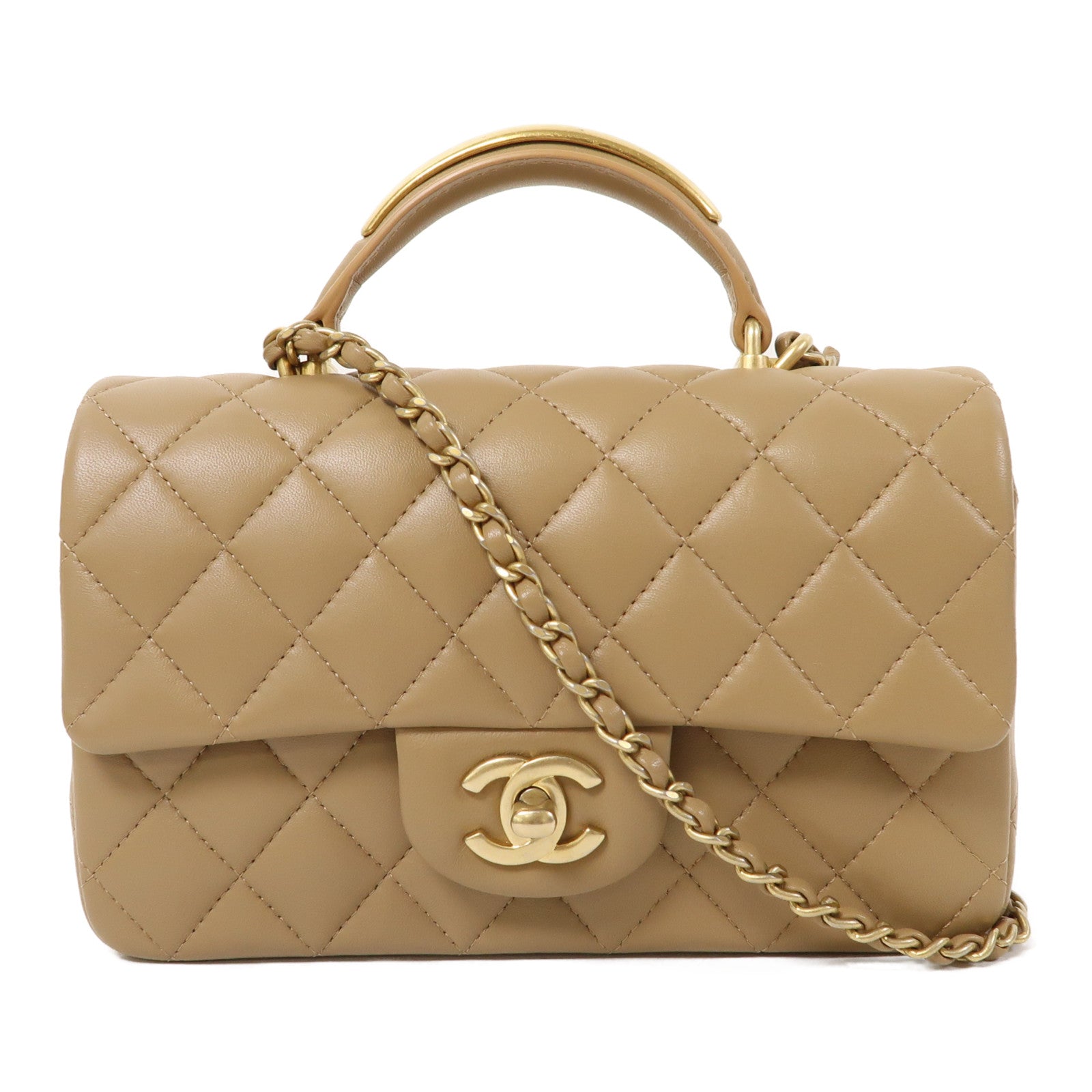 CHANEL 菱格羊皮皮革Chain Shoulder金扣手挽肩背兩用袋裸色