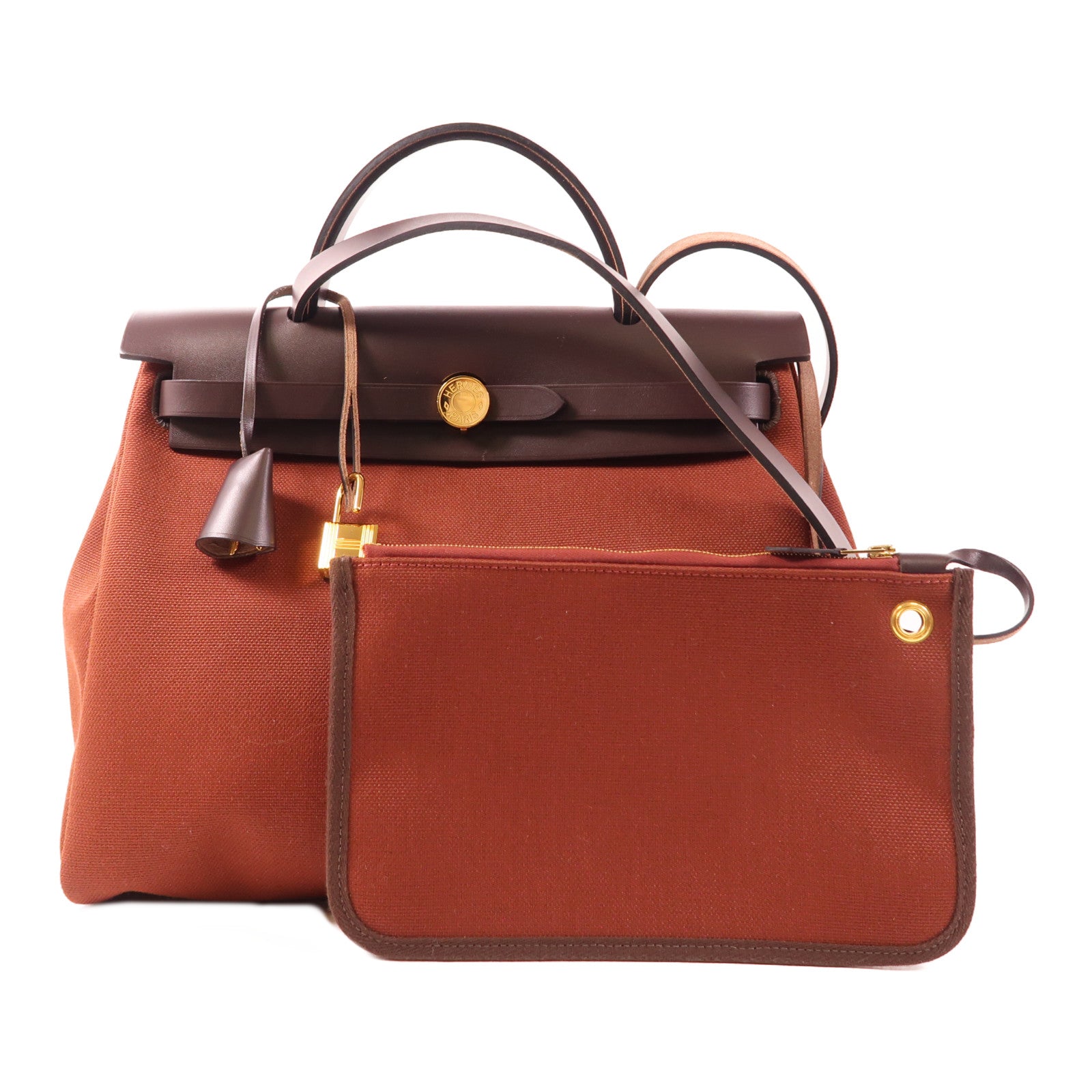 HERMES 帆布Herbag PM金扣手挽肩背兩用袋Rouge H紅色