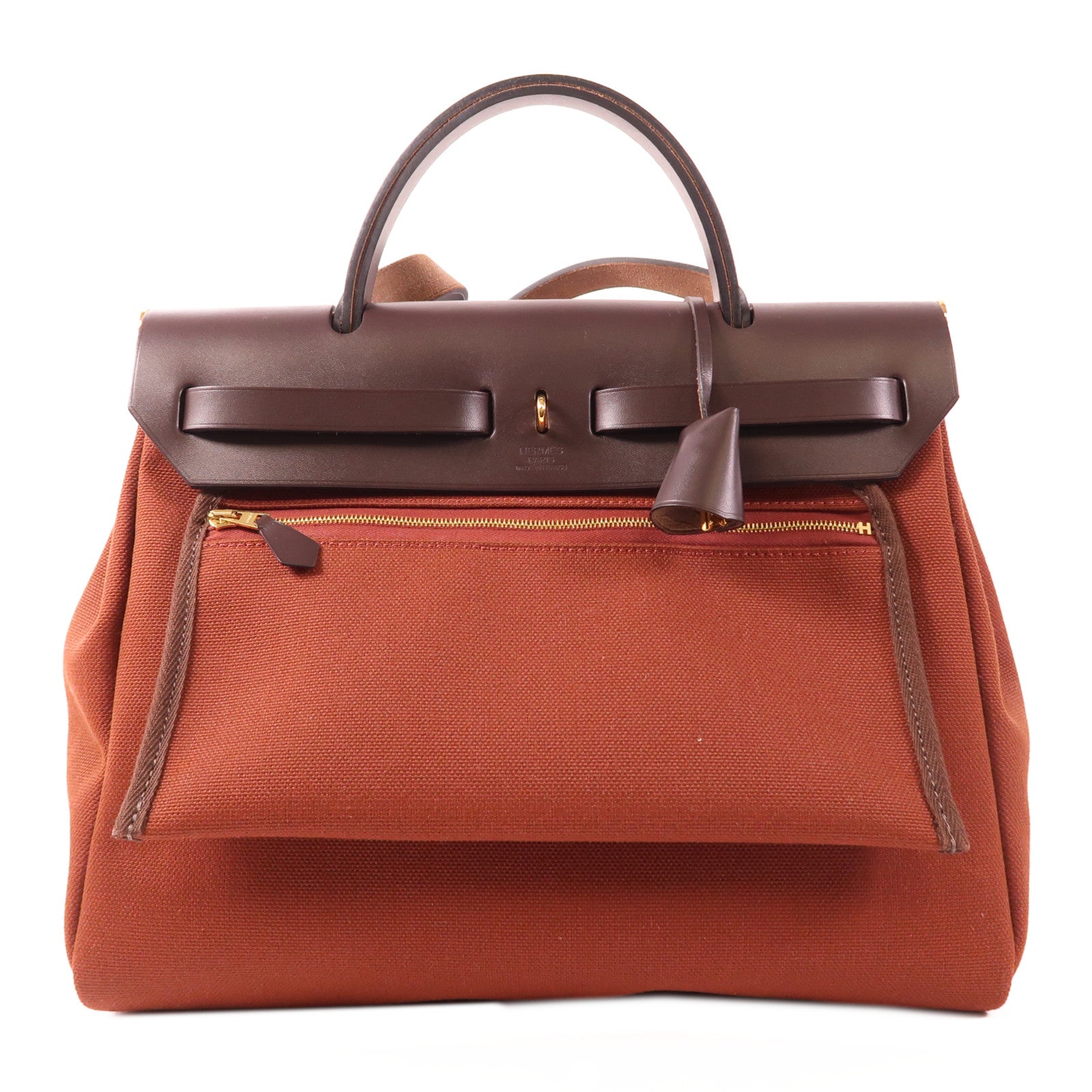 HERMES 帆布Herbag PM金扣手挽肩背兩用袋Rouge H紅色