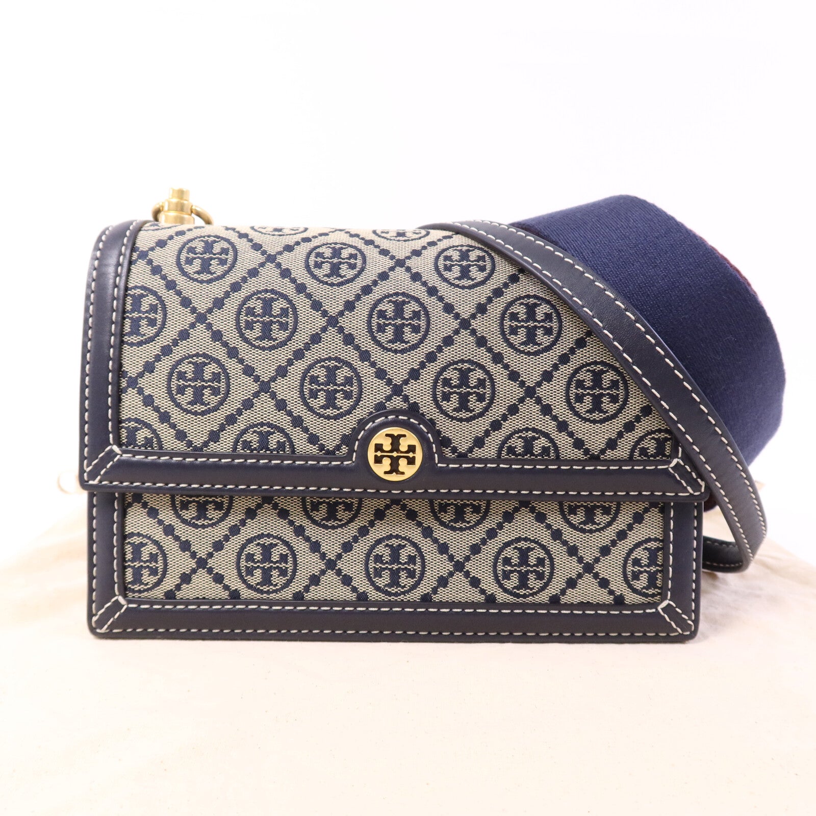 Tory Burch 帆布T Monogram Chain Shoulder金扣肩背袋