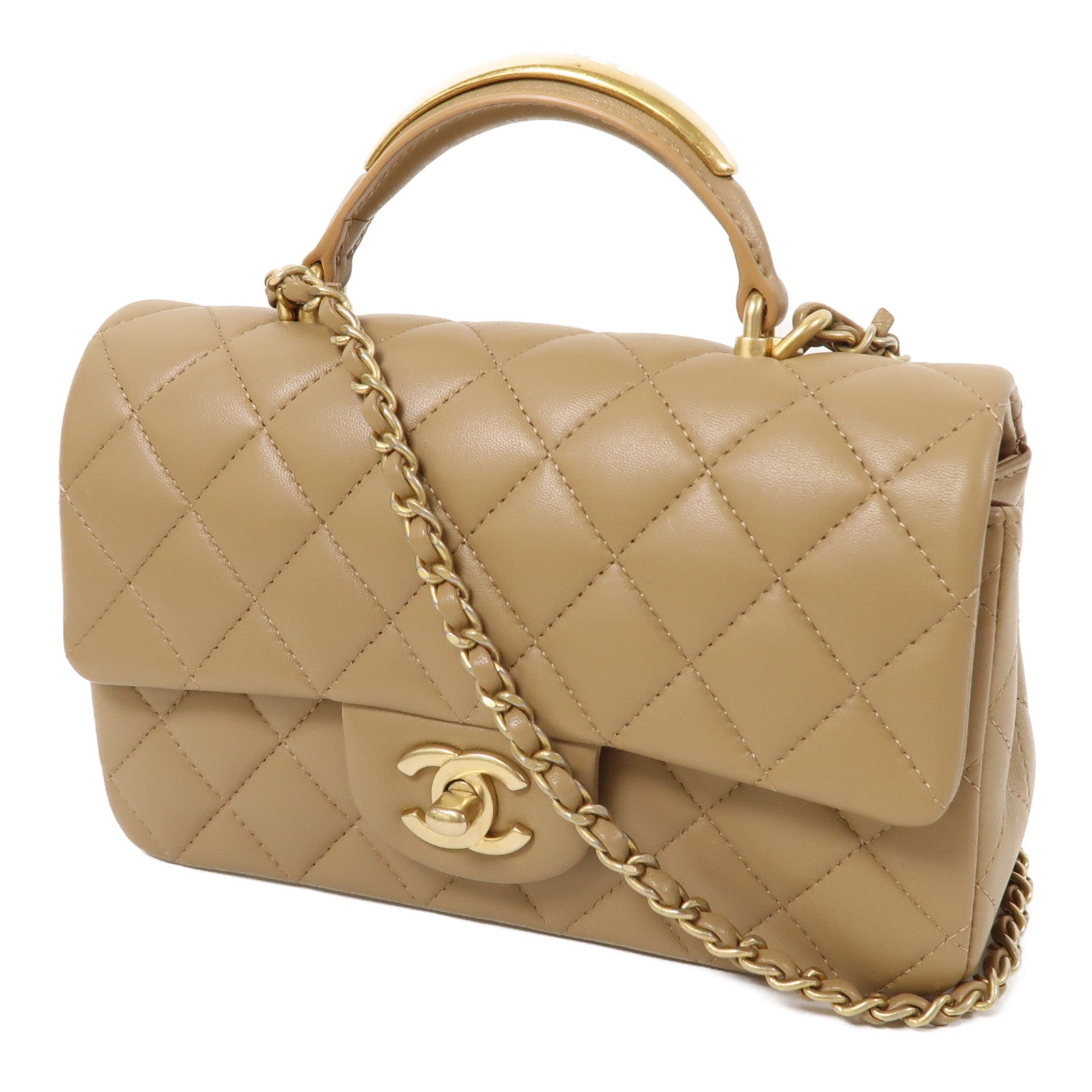 CHANEL 菱格羊皮皮革Chain Shoulder金扣手挽肩背兩用袋裸色
