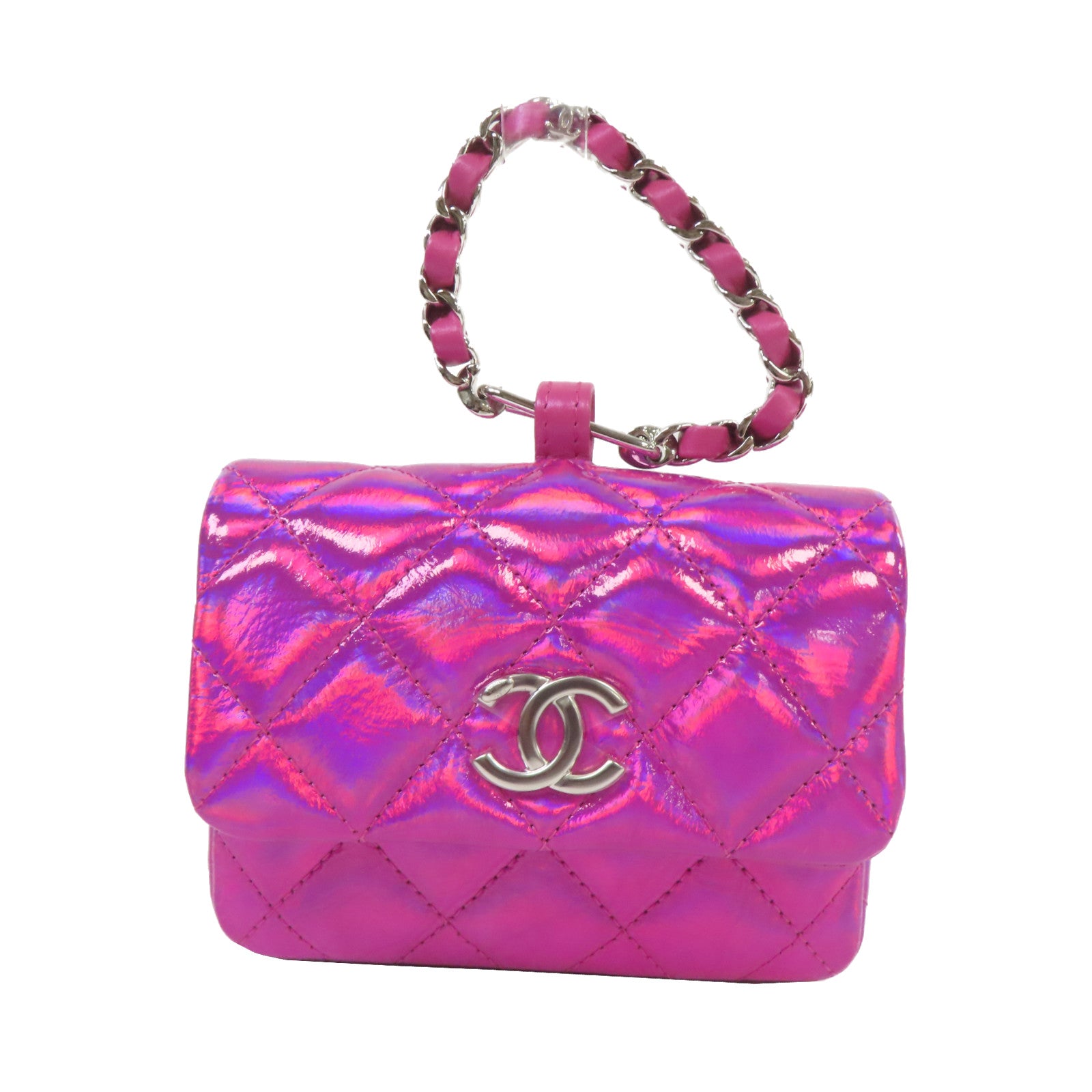 CHANEL 漆皮皮革Chain Handbag銀扣手挽袋虹彩粉紅色