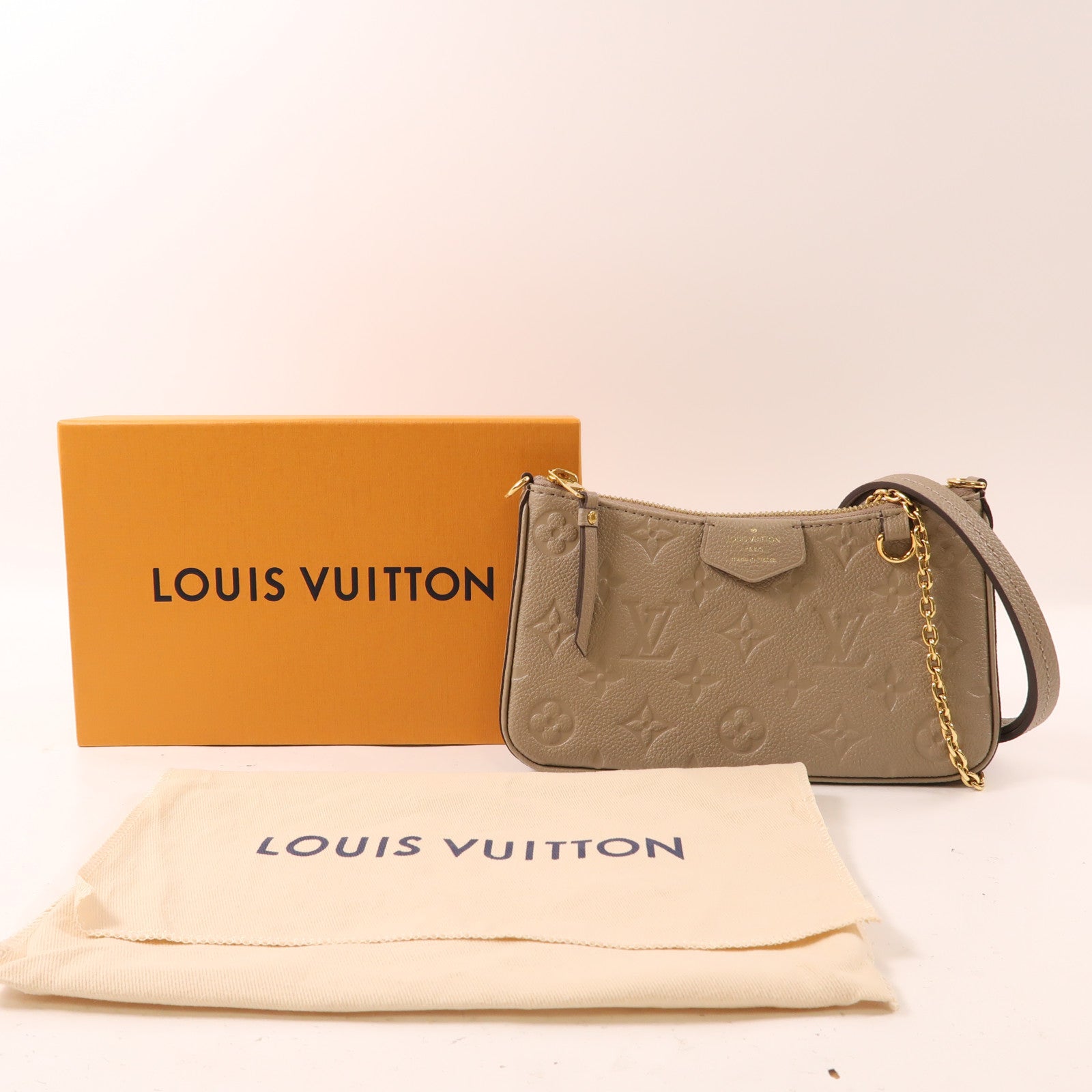 LOUIS VUITTON Monogram Empreinte Easy Pouch On Strap金扣手挽肩背兩用袋米色