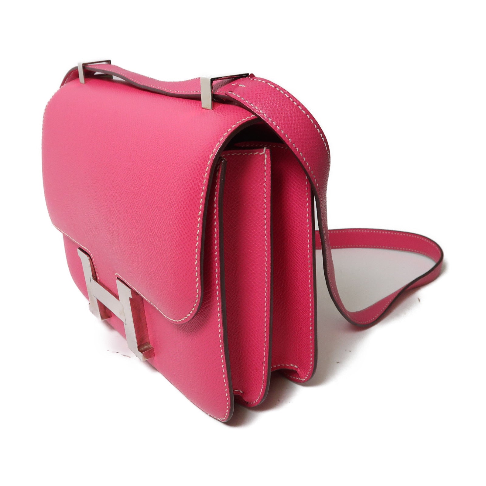 HERMES Epsom皮革Constance 24銀扣肩背袋Rose Tyrien粉紅色