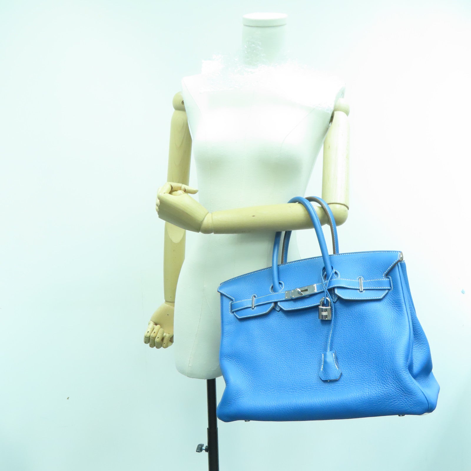 HERMES Clemence皮革Birkin 35银扣手挽袋水妖蓝/白色