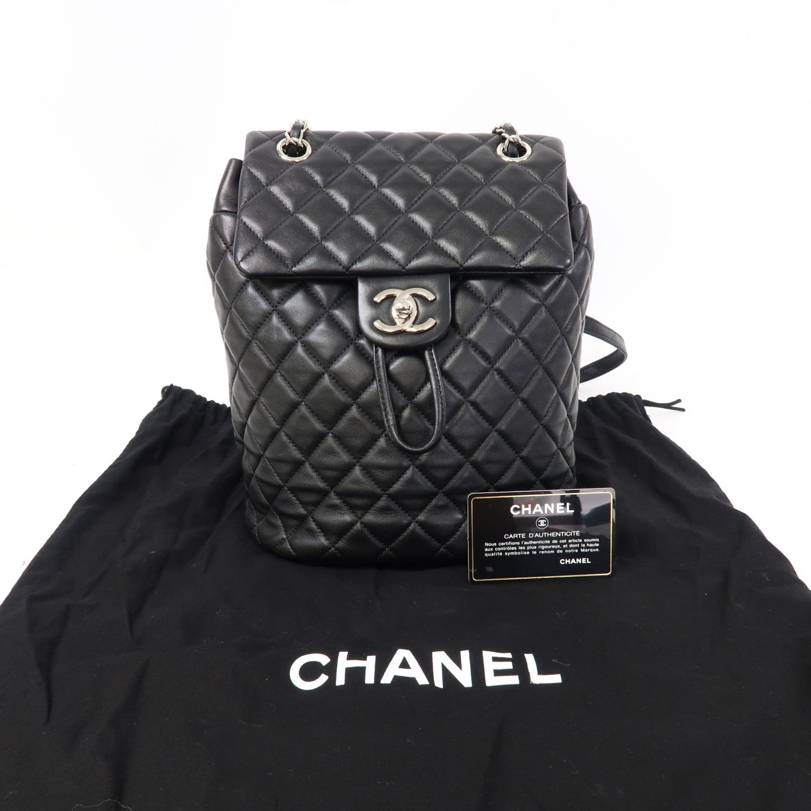 CHANEL 菱格牛皮皮革Backpack銀扣背包黑色