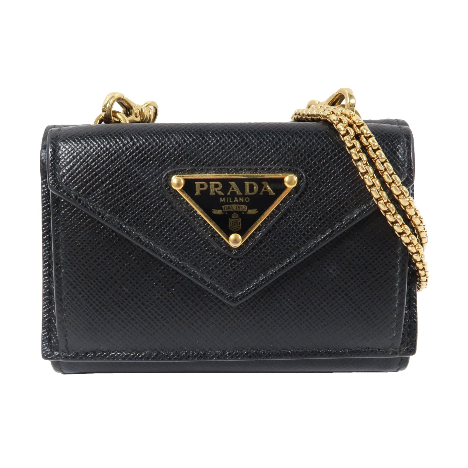 PRADA Saffiano皮革Saffiano Triangolo金扣鏈帶肩背袋黑色