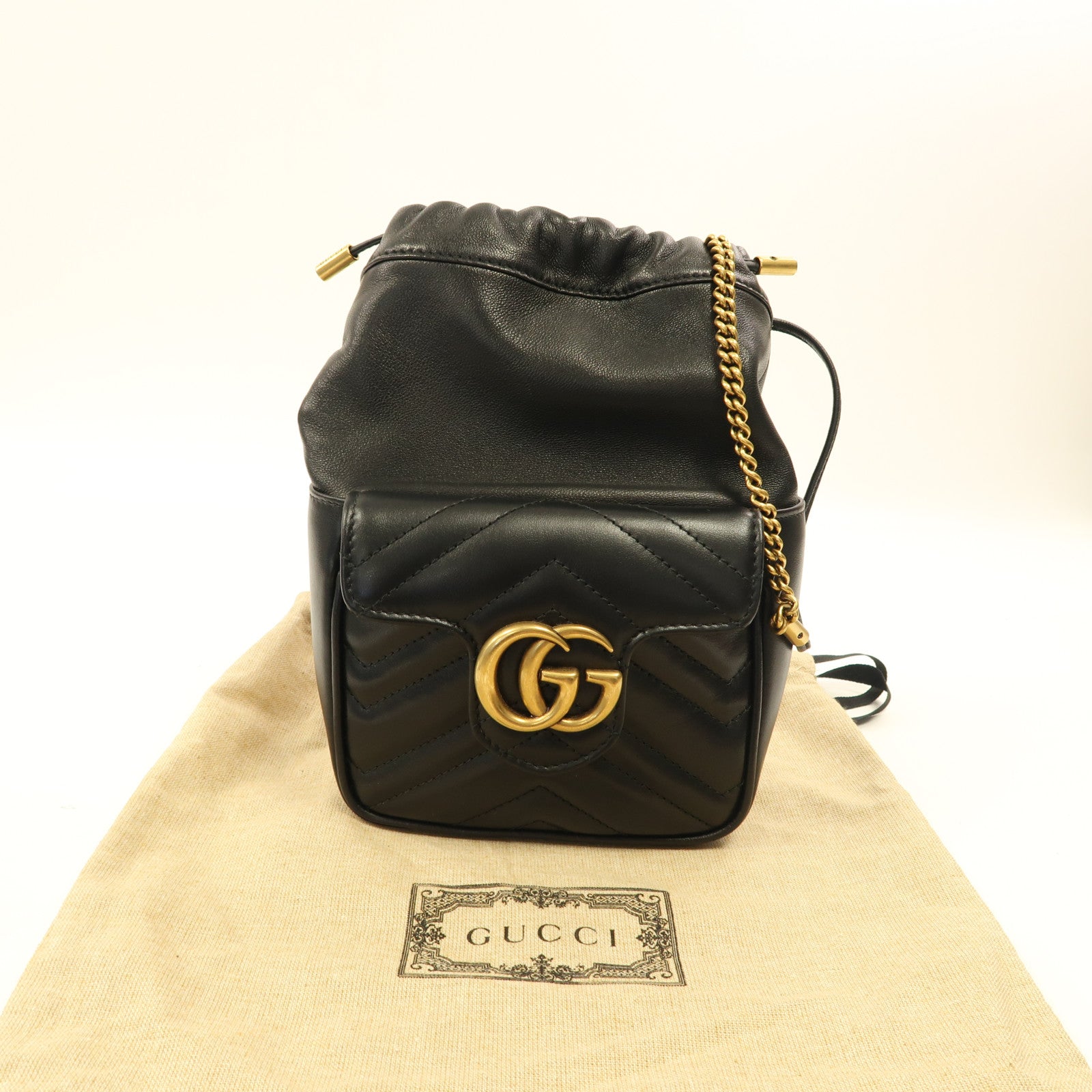 GUCCI Herringbone GG GHW Bucket Bag Shoulder Bag 746433 Calfskin Leather Black