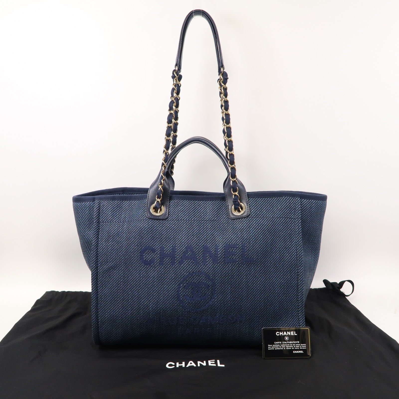 CHANEL 帆布Tote Bag金扣手挽肩背兩用袋藍色