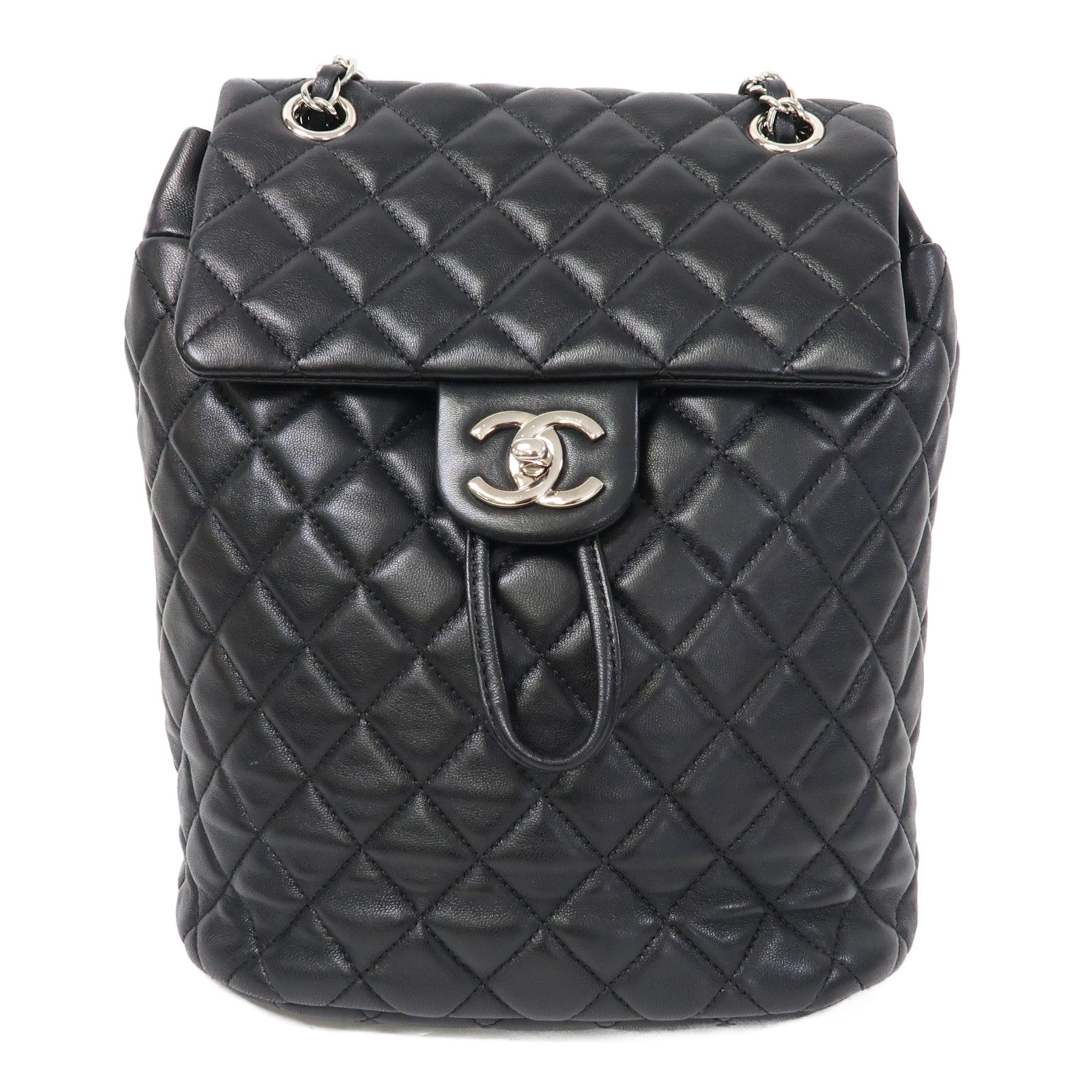 CHANEL 菱格牛皮皮革Backpack銀扣背包黑色