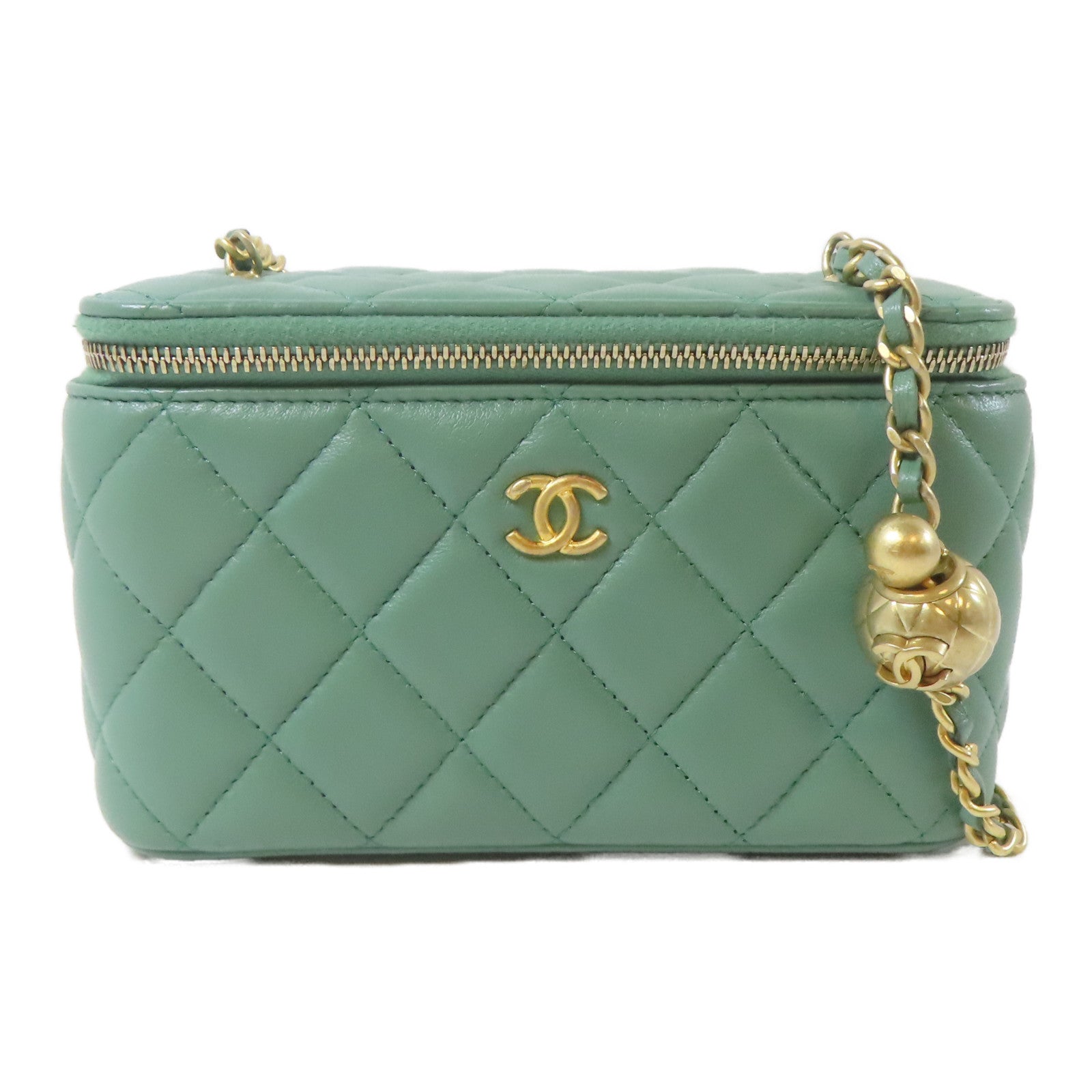 CHANEL 菱格羊皮皮革Vanity Bag金扣鏈帶肩背袋綠色