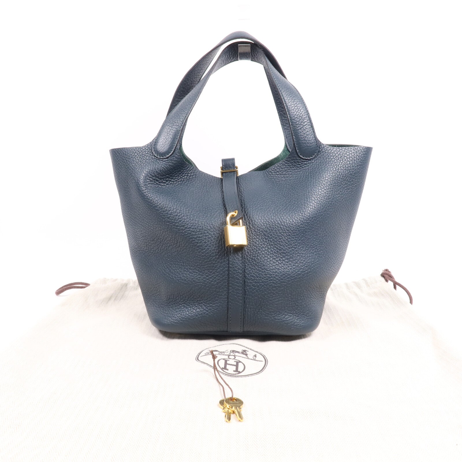 HERMES Clemence皮革Picotin MM金扣手挽袋 Vert Cypres