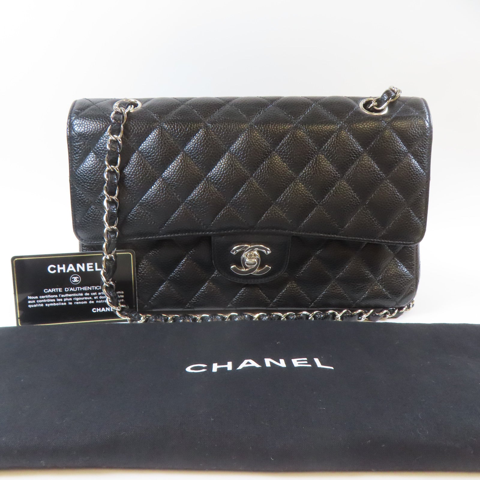 CHANEL 【激減優惠】菱格Caviar皮革Classic 25cm銀扣鏈帶肩背袋黒色