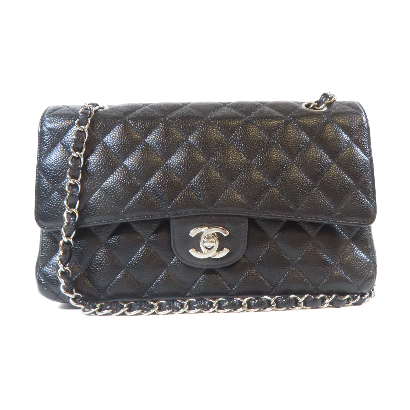 CHANEL 【激減優惠】菱格Caviar皮革Classic 25cm銀扣鏈帶肩背袋黒色