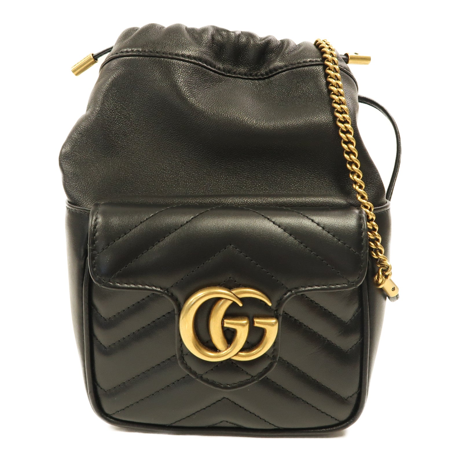 GUCCI Herringbone GG GHW Bucket Bag Shoulder Bag 746433 Calfskin Leather Black