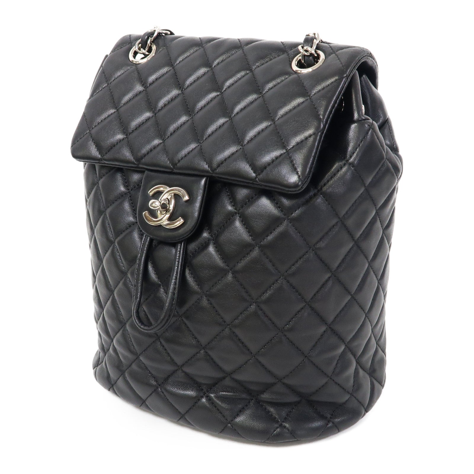 CHANEL 菱格牛皮皮革Backpack銀扣背包黑色