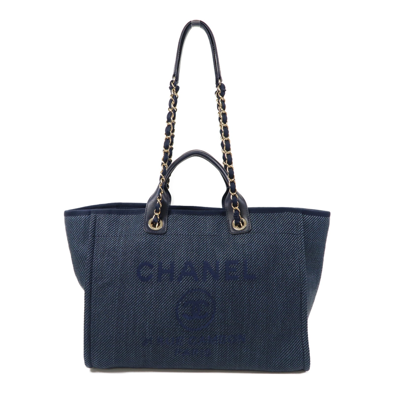 CHANEL 帆布Tote Bag金扣手挽肩背兩用袋藍色