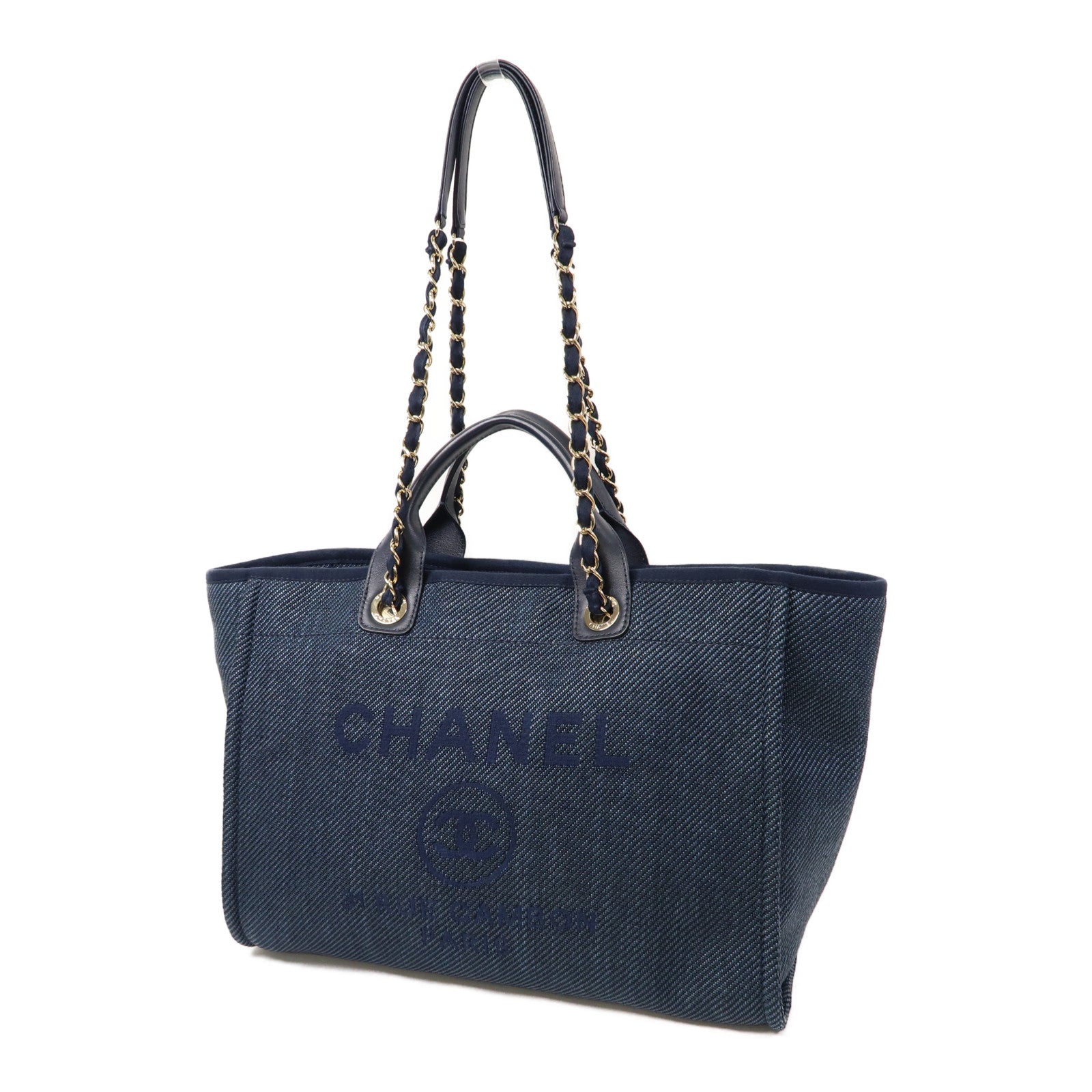 CHANEL 帆布Tote Bag金扣手挽肩背兩用袋藍色