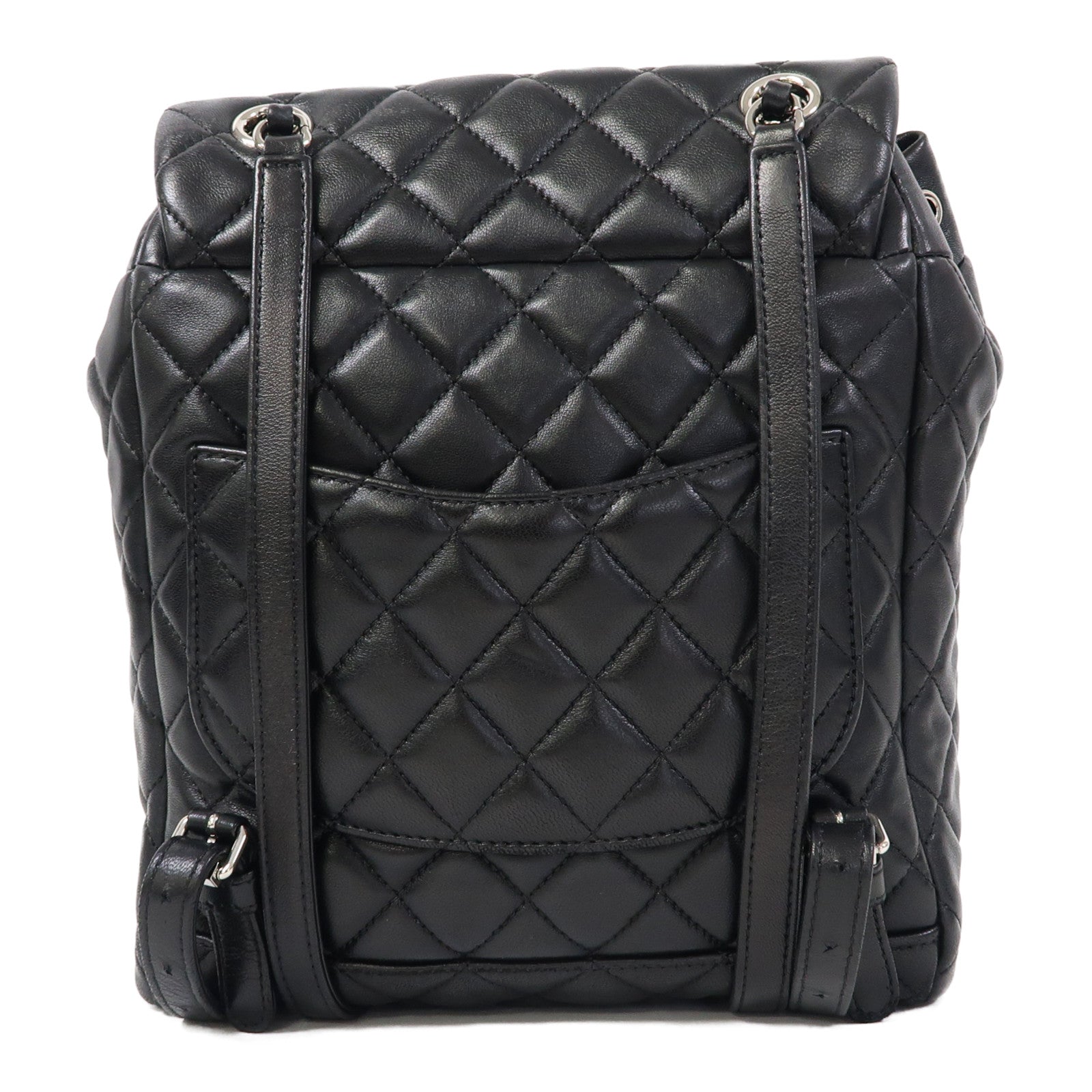 CHANEL 菱格牛皮皮革Backpack銀扣背包黑色