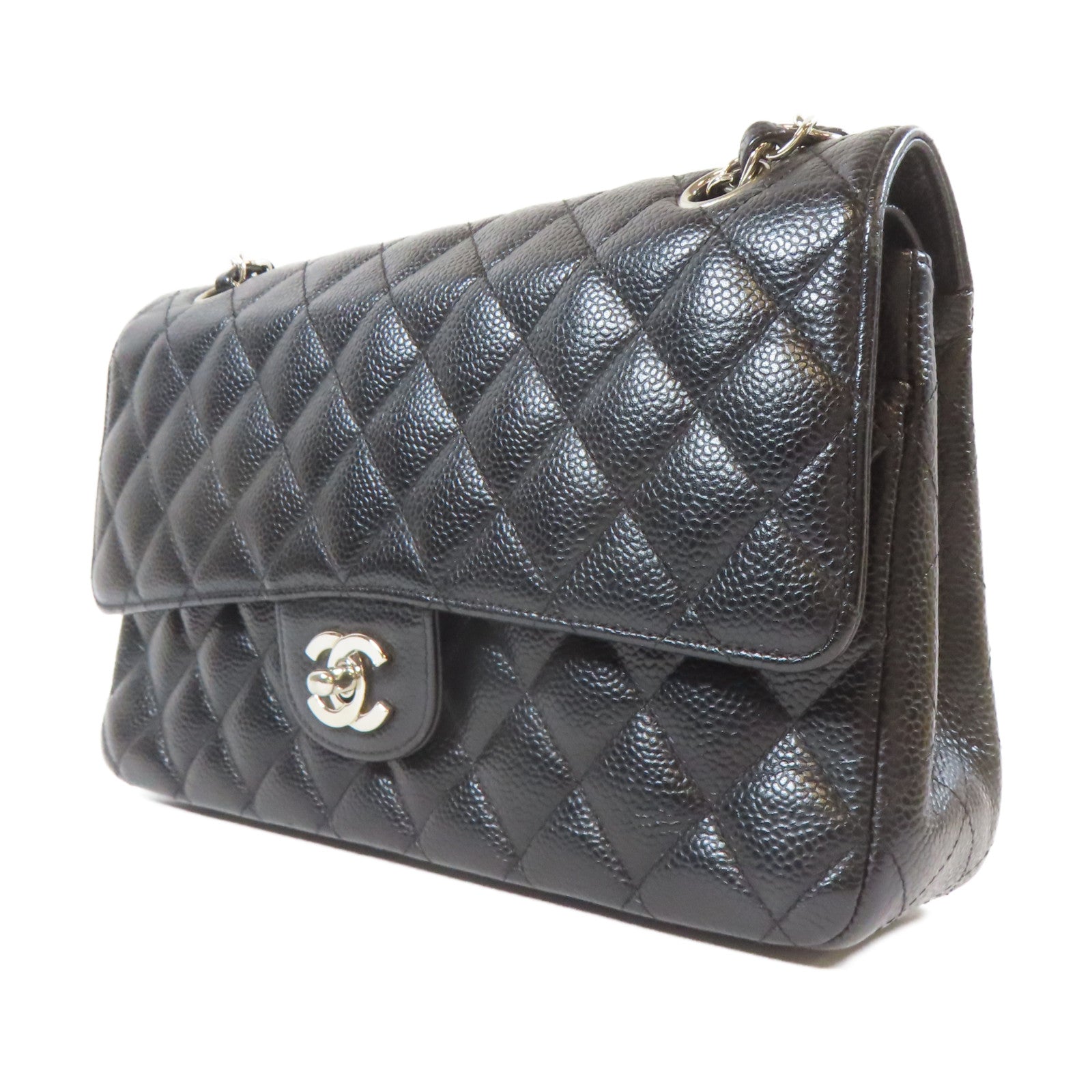 CHANEL 【激減優惠】菱格Caviar皮革Classic 25cm銀扣鏈帶肩背袋黒色