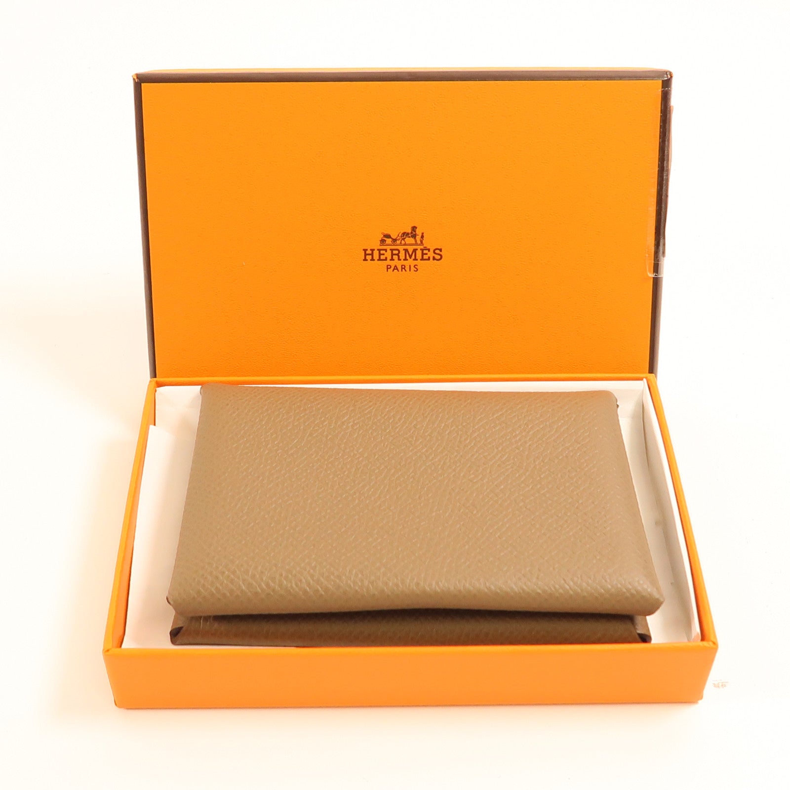 HERMES Epsom皮革Calvi銀扣卡片套Etoupe灰色