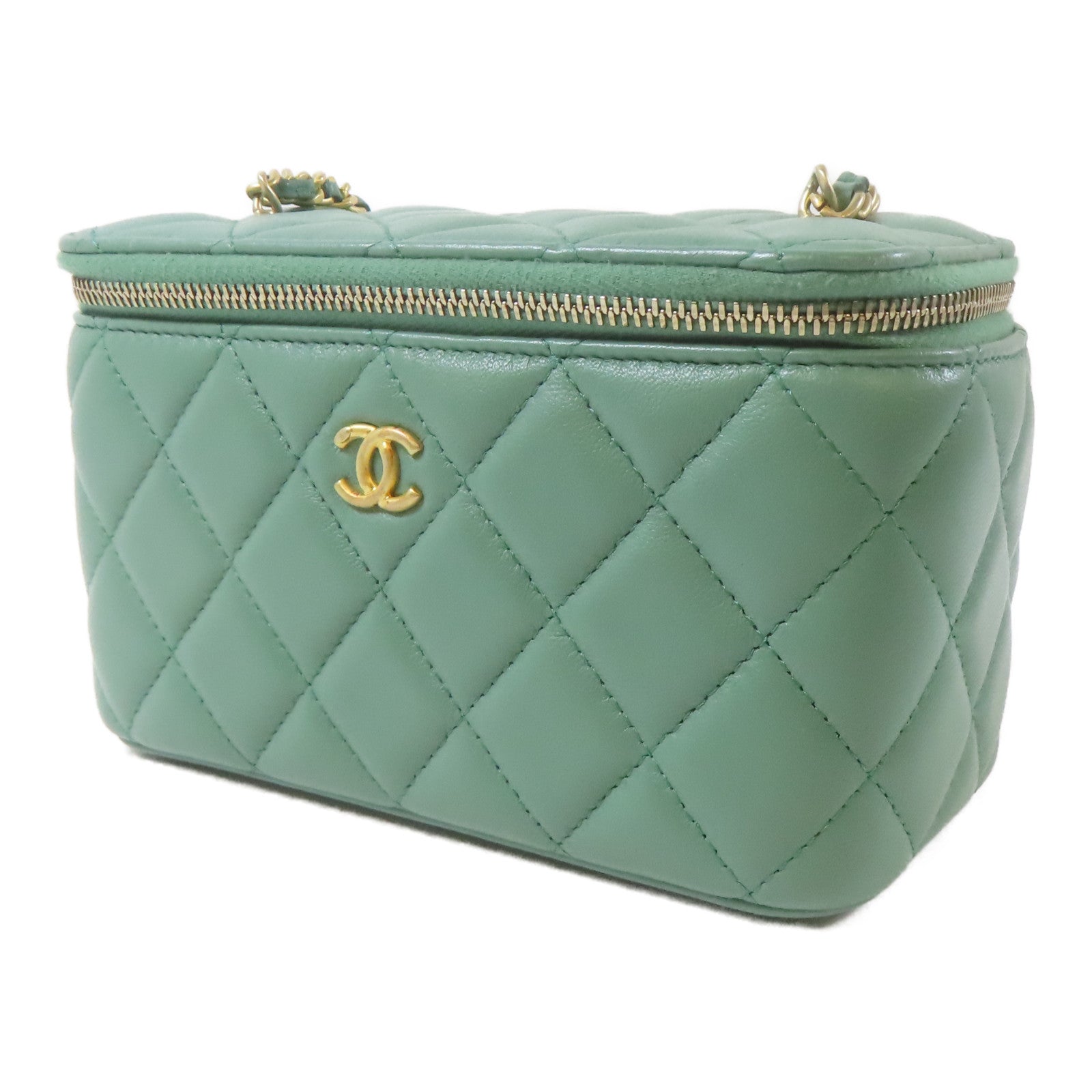 CHANEL 菱格羊皮皮革Vanity Bag金扣鏈帶肩背袋綠色