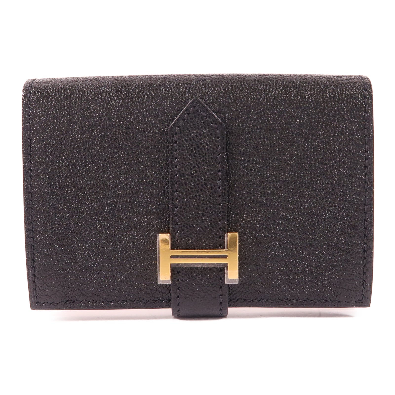 HERMES Chevre Mysore皮革Bearn Mini Bifold Wallet金扣錢包Noir