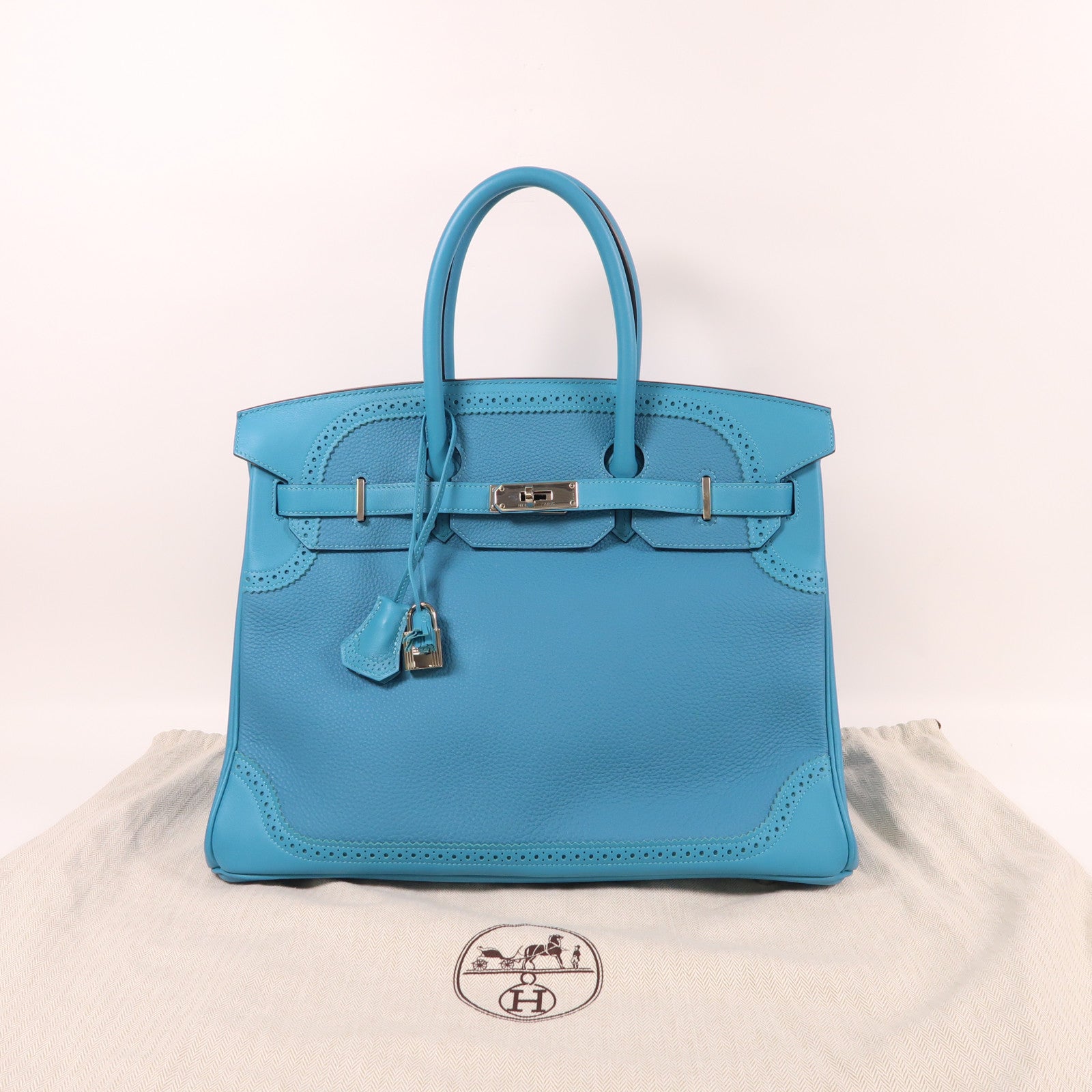 HERMES Clemence皮革Birkin 35 Ghillies銀扣手挽袋綠松石色