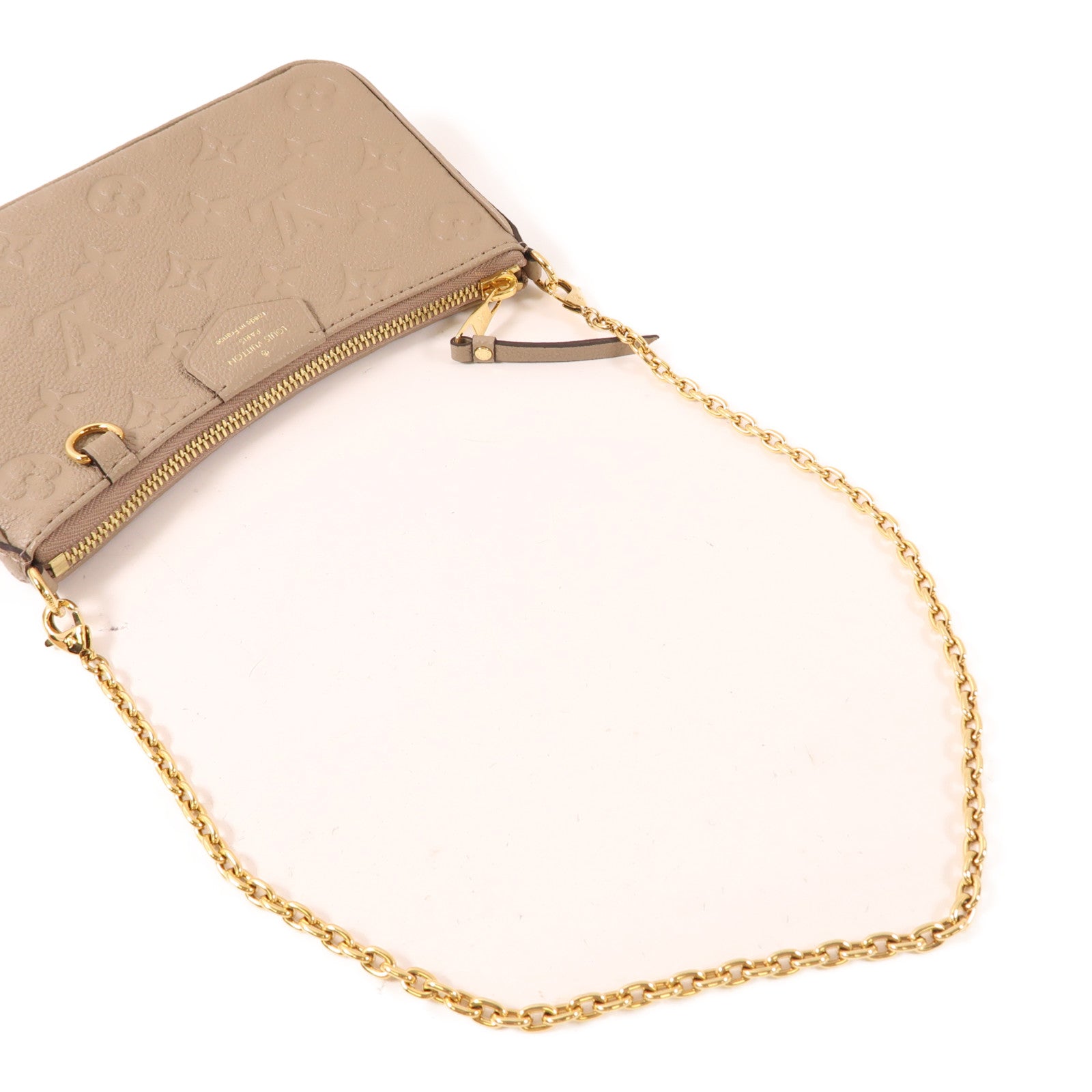 LOUIS VUITTON Monogram Empreinte Easy Pouch On Strap金扣手挽肩背兩用袋米色