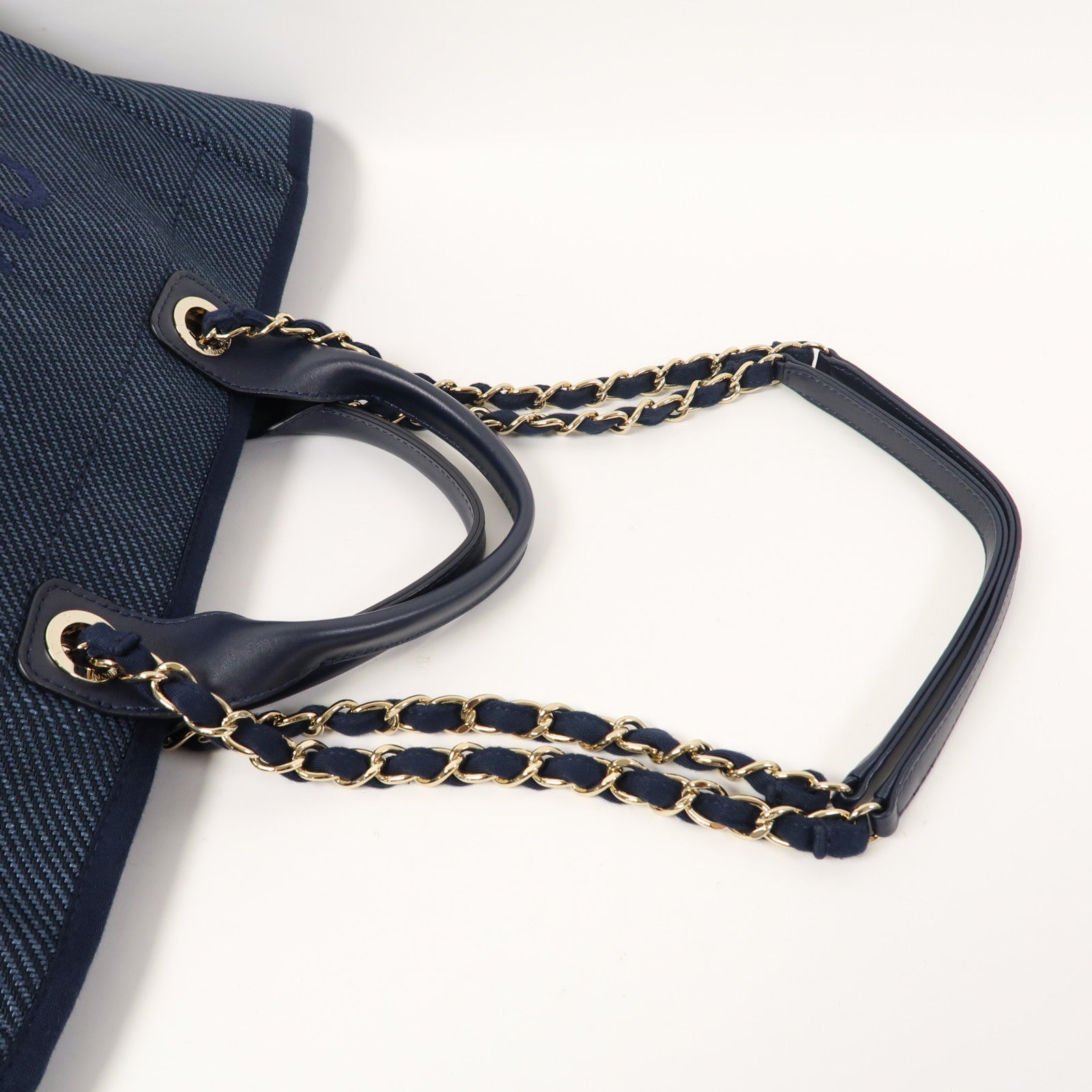 CHANEL 帆布Tote Bag金扣手挽肩背兩用袋藍色