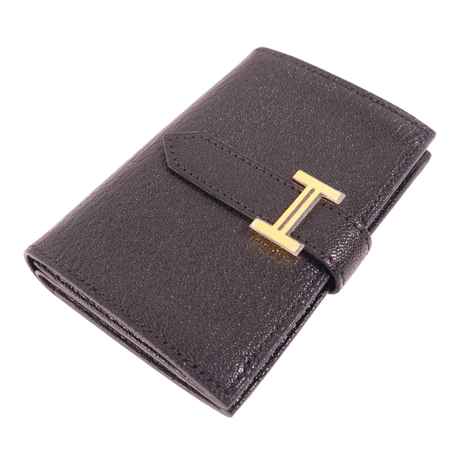 HERMES Chevre Mysore皮革Bearn Mini Bifold Wallet金扣錢包Noir