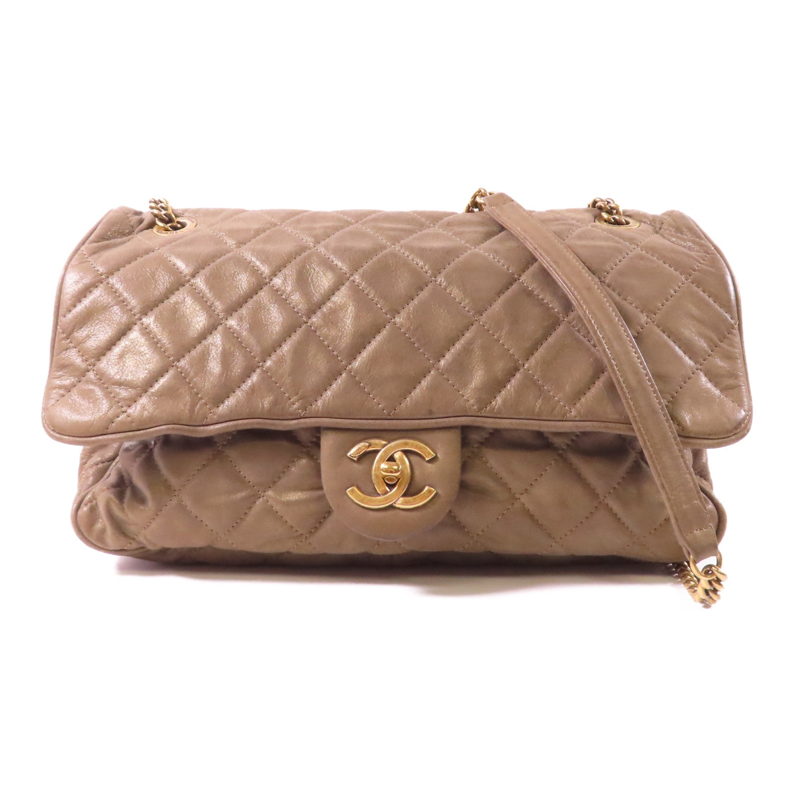 CHANEL 菱格牛皮皮革Chain Shoulder金扣肩背袋啡色
