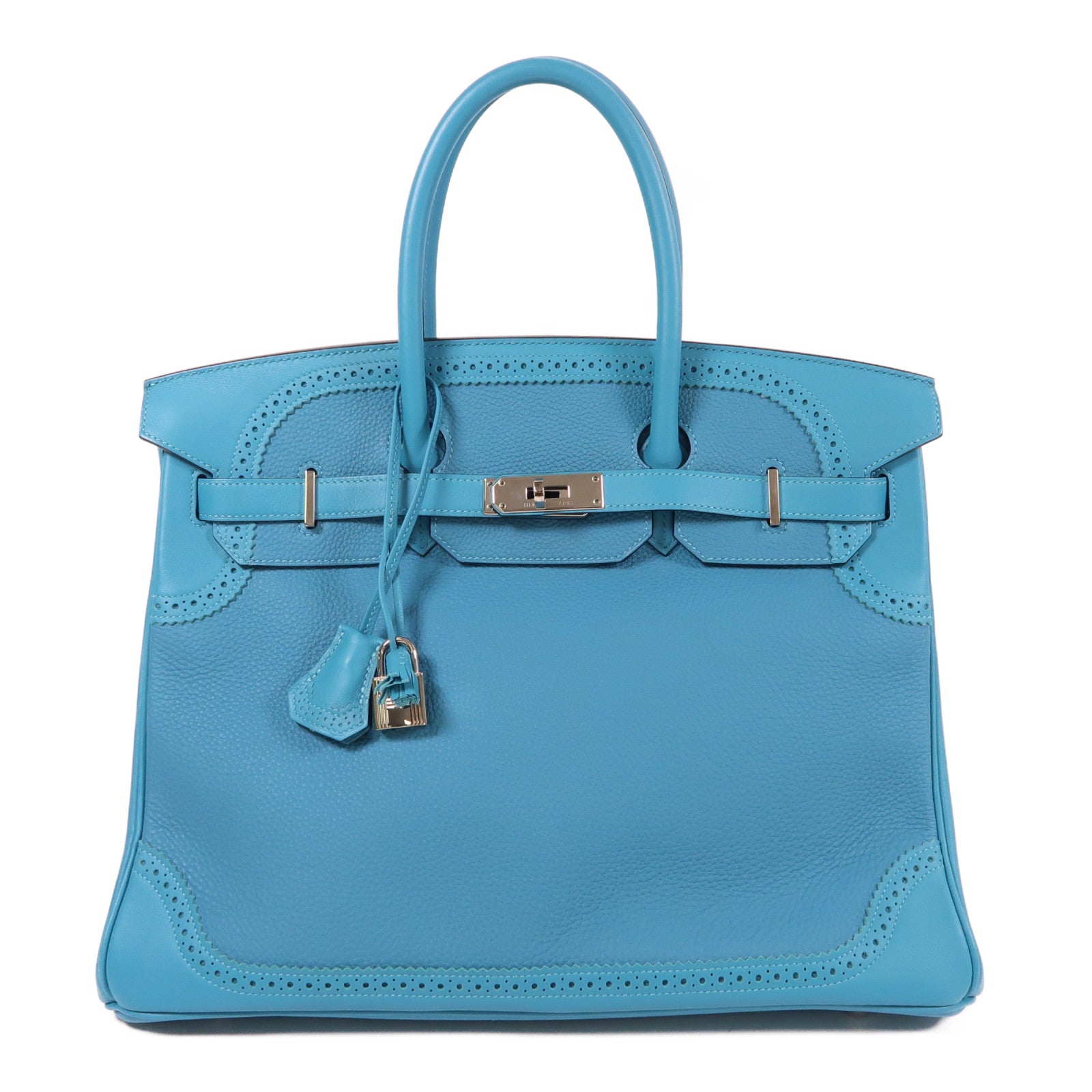 HERMES Clemence皮革Birkin 35 Ghillies銀扣手挽袋綠松石色