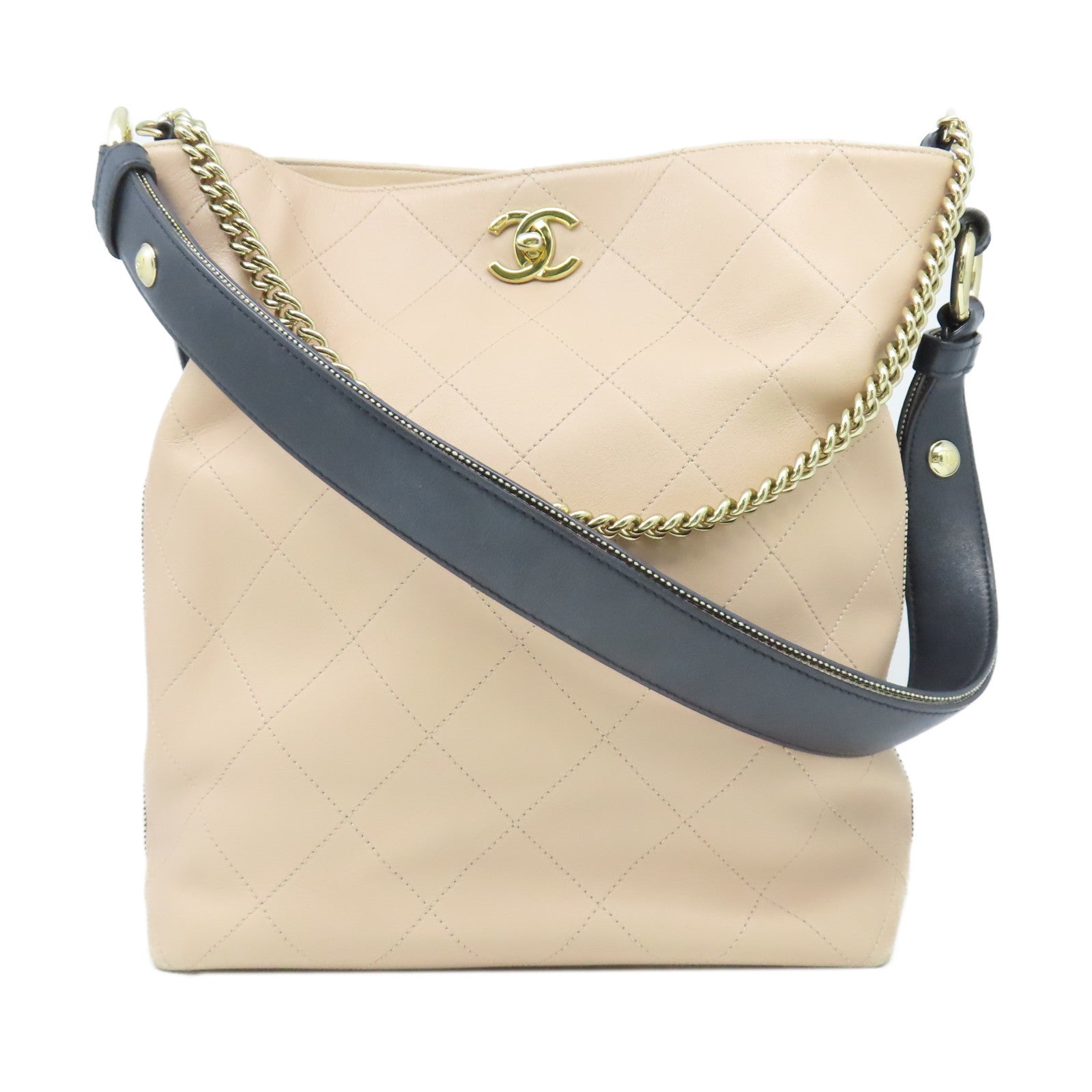 CHANEL 【激減優惠】菱格牛皮皮革Shoulder Bag金扣鏈帶肩背袋米色/黑色