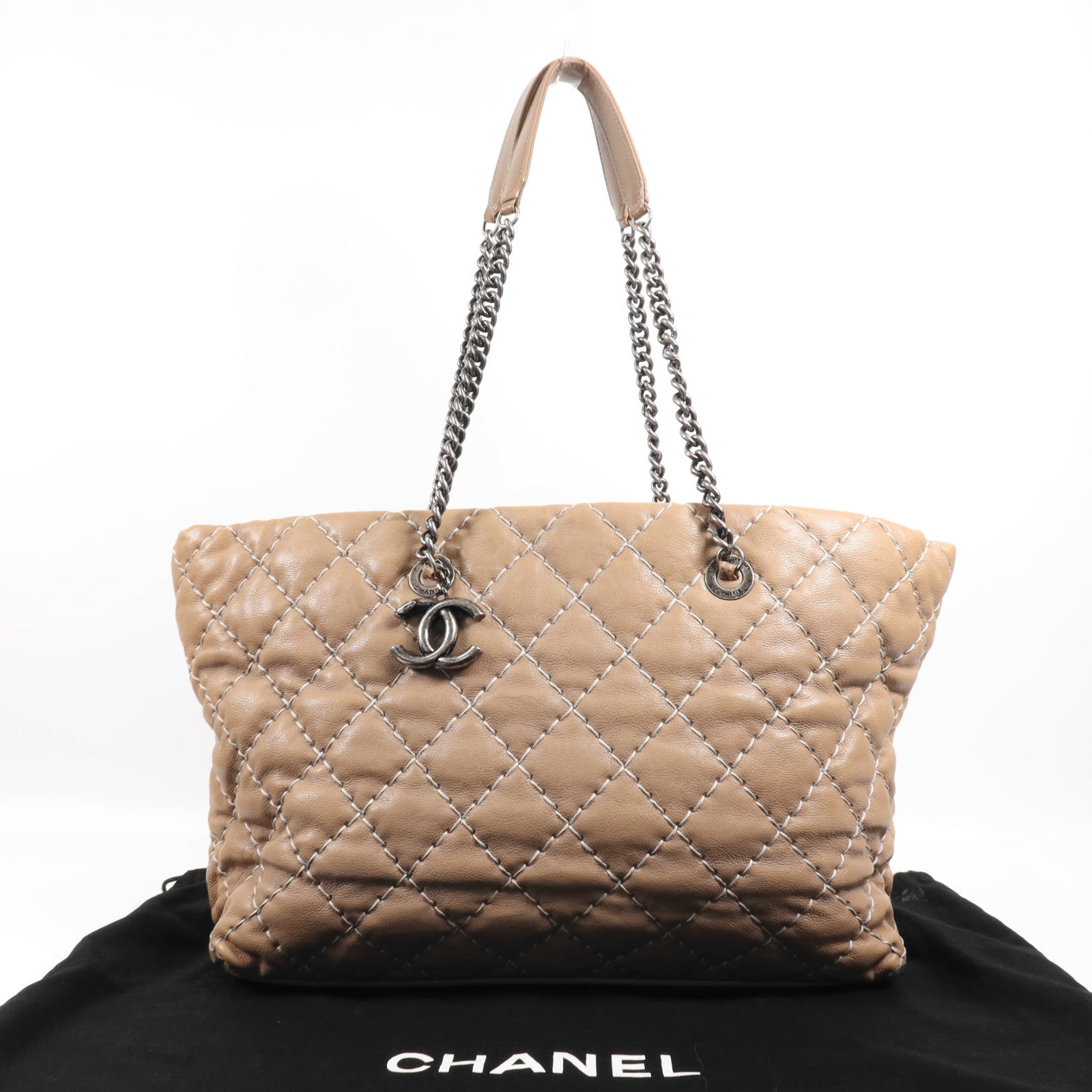 CHANEL 牛皮皮革Tote Bag銀扣肩背袋