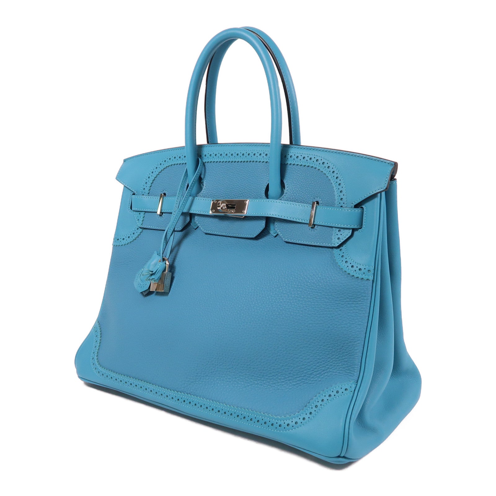 HERMES Clemence皮革Birkin 35 Ghillies銀扣手挽袋綠松石色