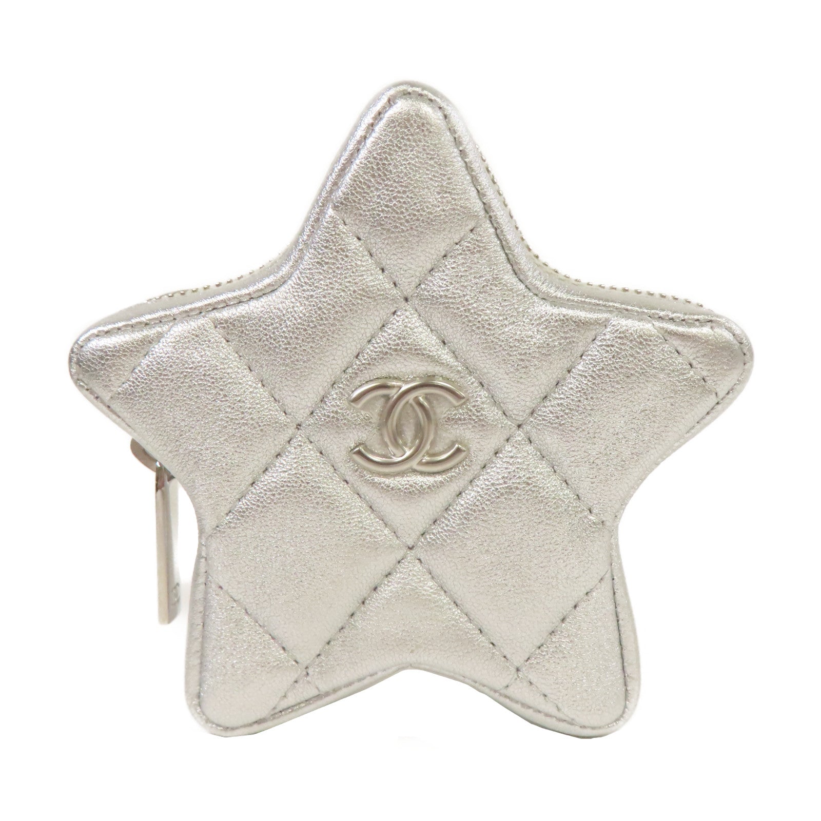 CHANEL 菱格羊皮皮革Star Coin Case銀扣零錢包銀色