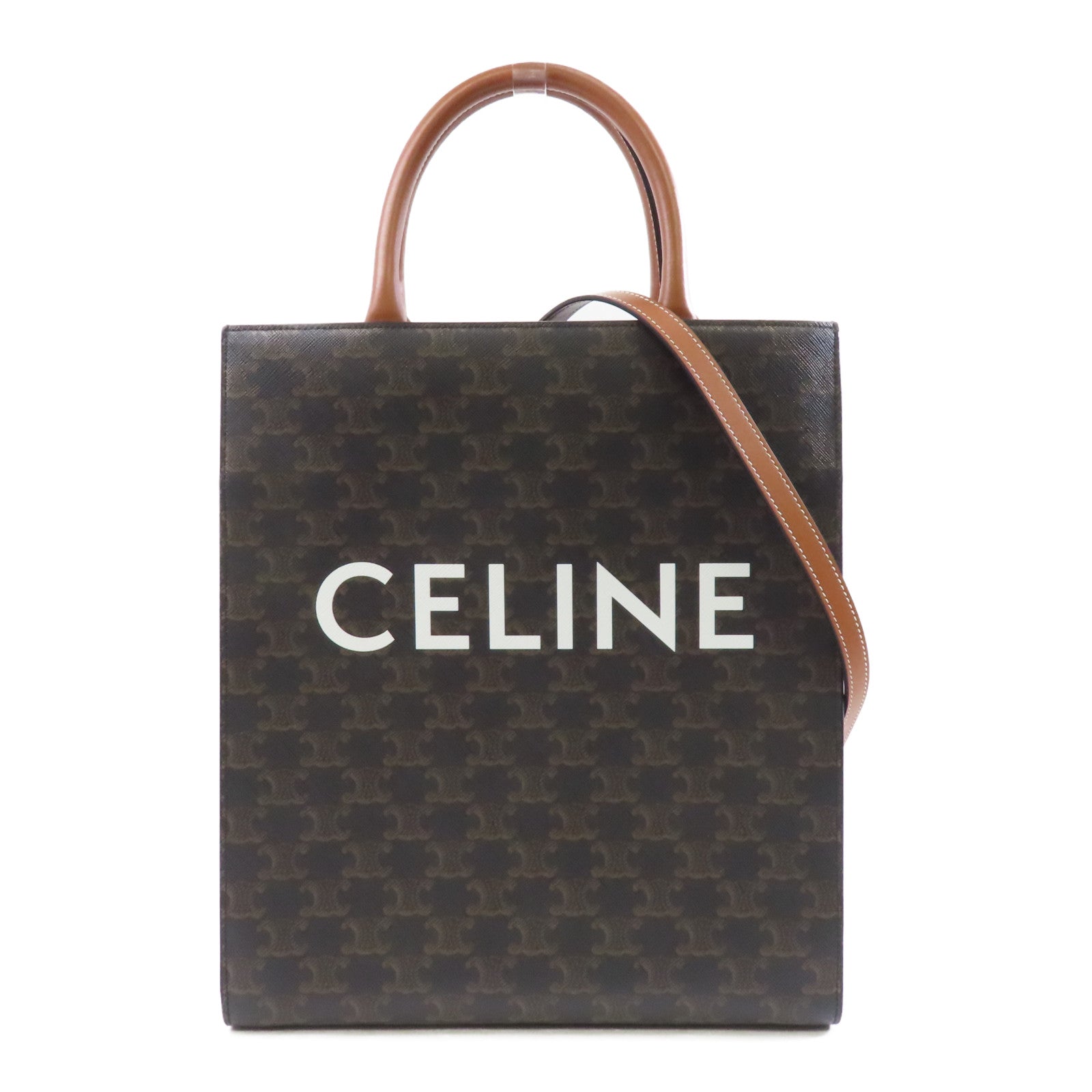 CELINE 塗層帆布/皮革Vertical Cabas Tan金扣手挽肩背兩用袋啡色