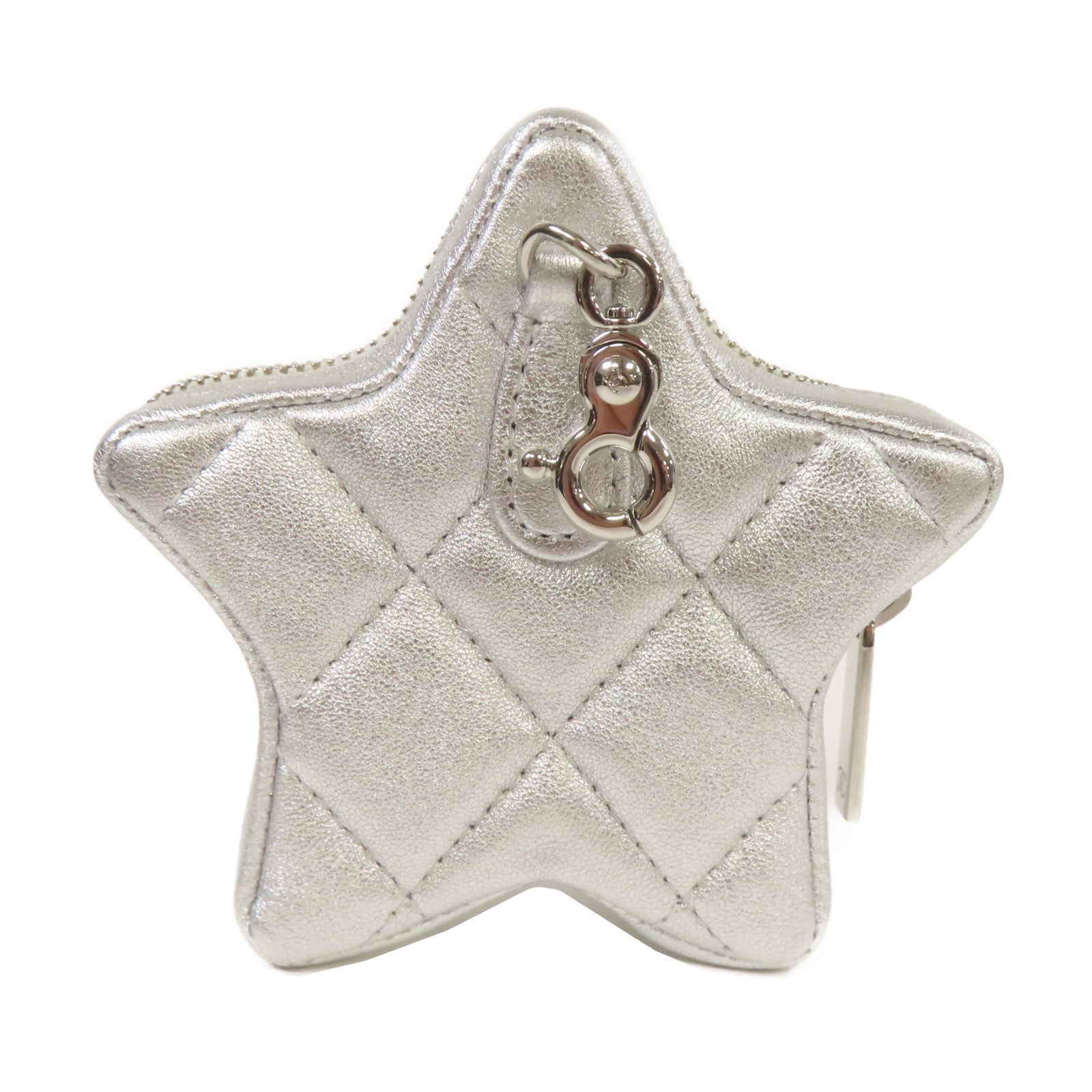 CHANEL 菱格羊皮皮革Star Coin Case銀扣零錢包銀色