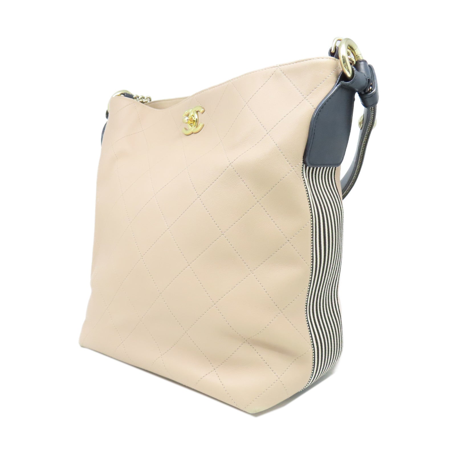 CHANEL 【激減優惠】菱格牛皮皮革Shoulder Bag金扣鏈帶肩背袋米色/黑色