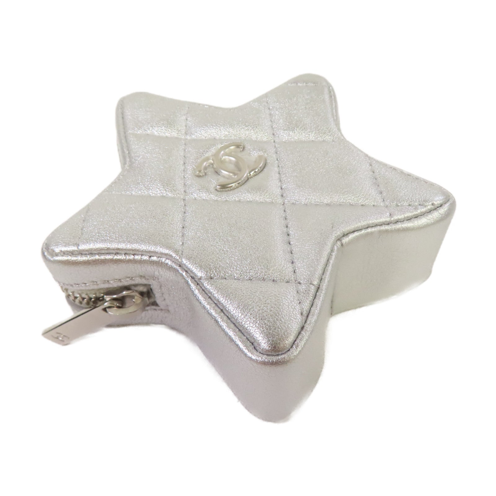 CHANEL 菱格羊皮皮革Star Coin Case銀扣零錢包銀色