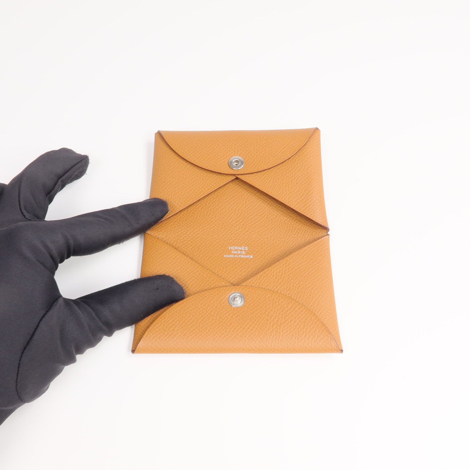 HERMES Epsom皮革Calvi銀扣卡片套Gold