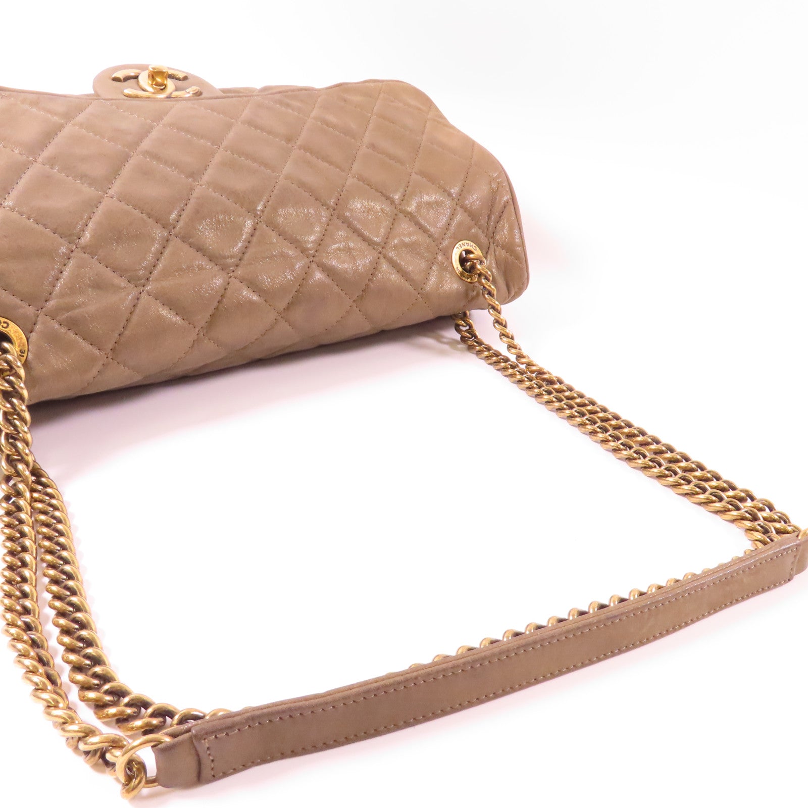 CHANEL 菱格牛皮皮革Chain Shoulder金扣肩背袋啡色